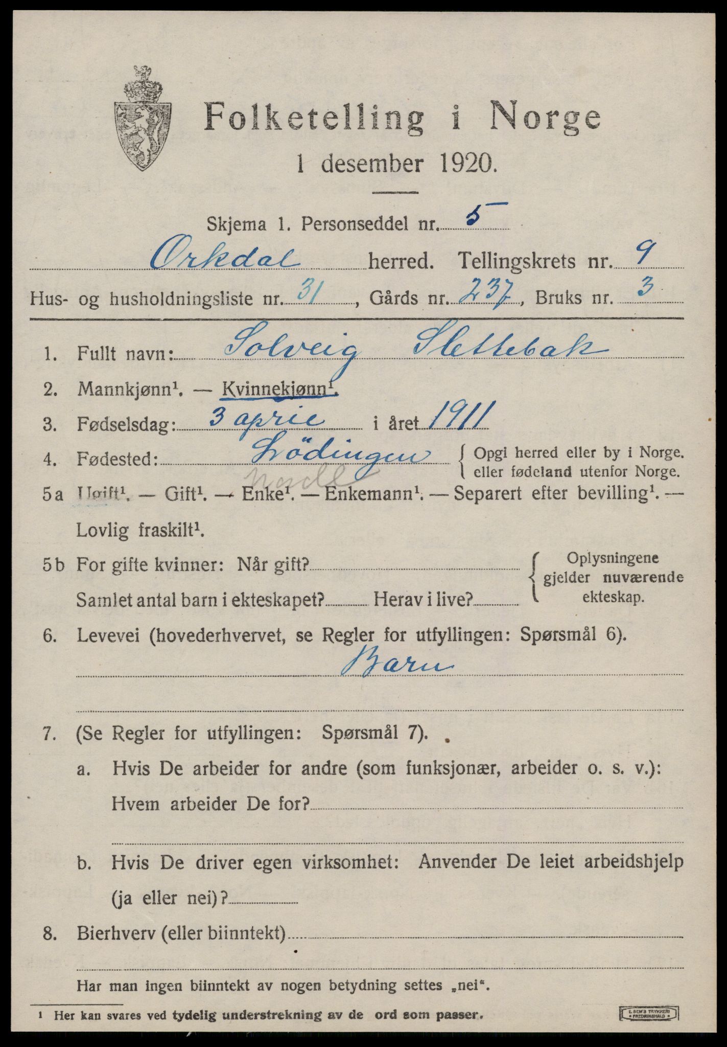 SAT, 1920 census for Orkdal, 1920, p. 7250