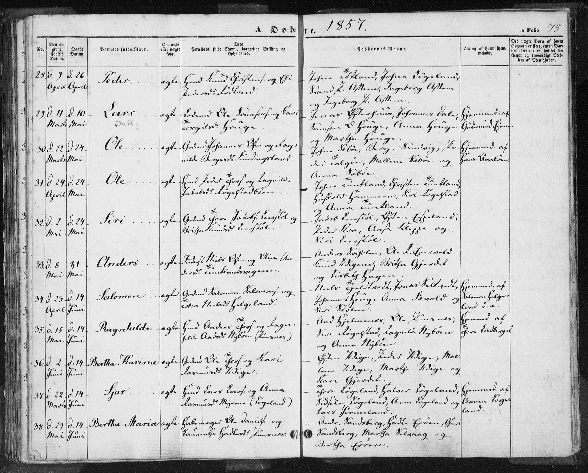 Hjelmeland sokneprestkontor, AV/SAST-A-101843/01/IV/L0009: Parish register (official) no. A 9, 1846-1860, p. 75