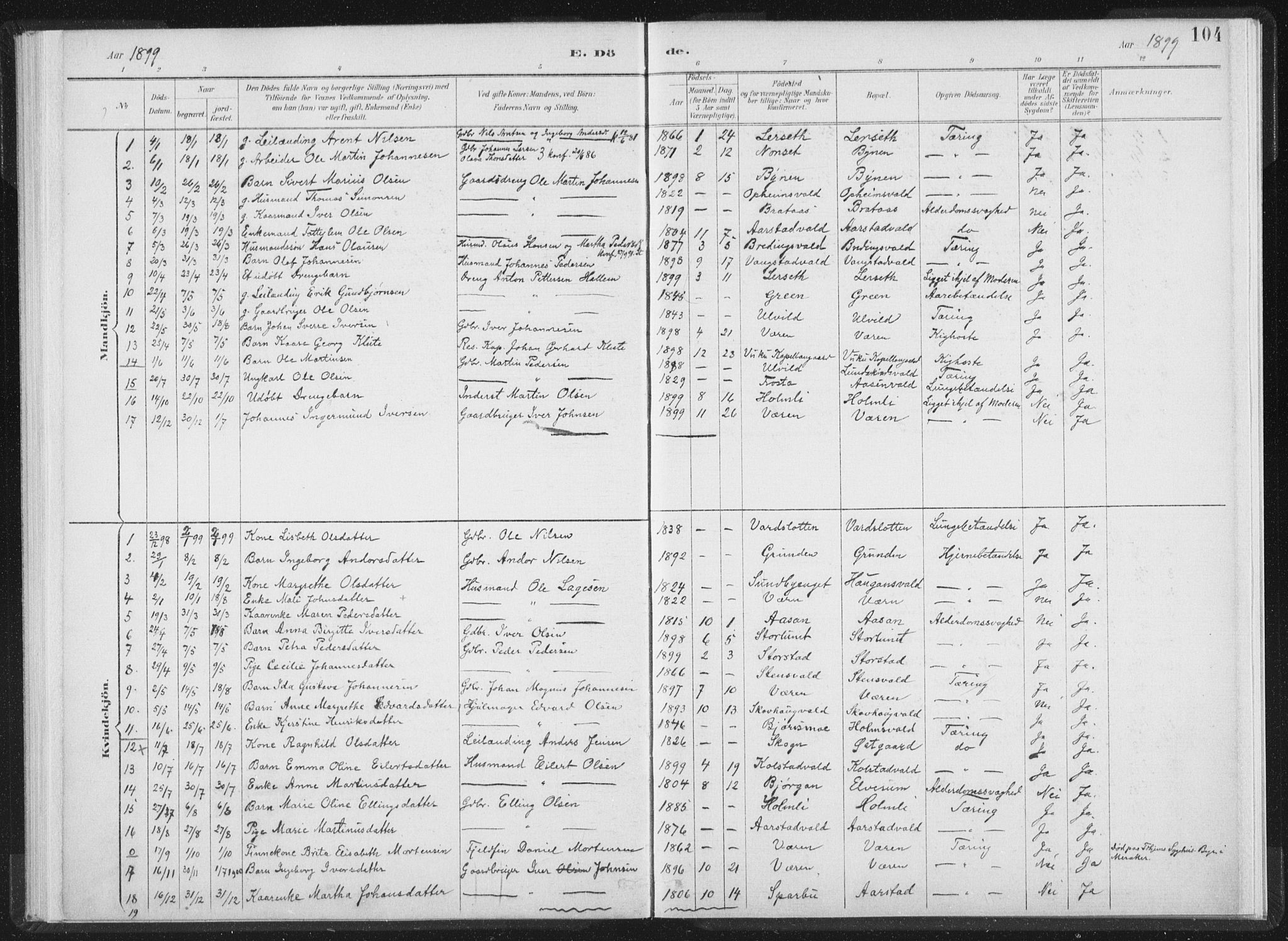 Ministerialprotokoller, klokkerbøker og fødselsregistre - Nord-Trøndelag, SAT/A-1458/724/L0263: Parish register (official) no. 724A01, 1891-1907, p. 104