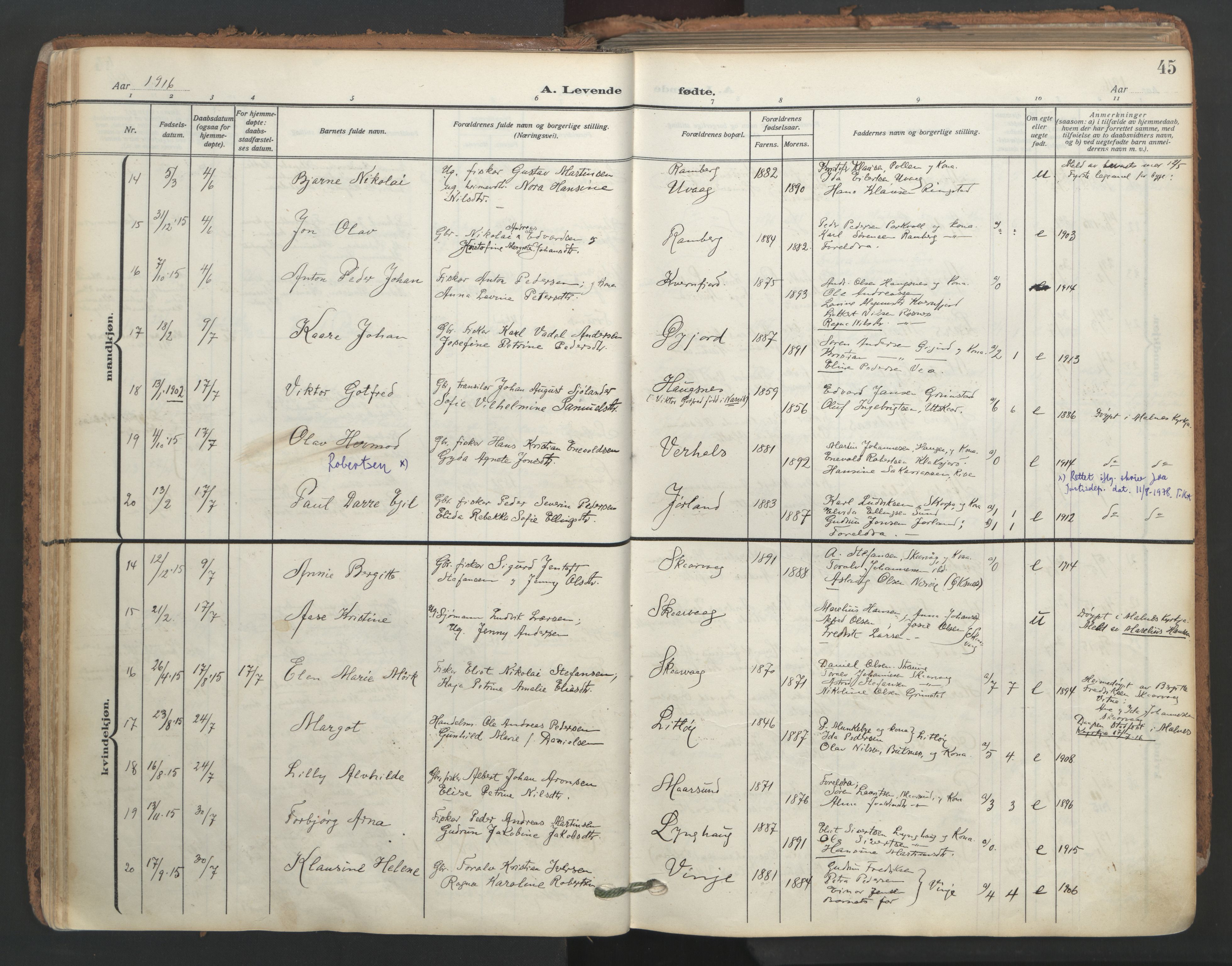 Ministerialprotokoller, klokkerbøker og fødselsregistre - Nordland, SAT/A-1459/891/L1306: Parish register (official) no. 891A11, 1911-1927, p. 45