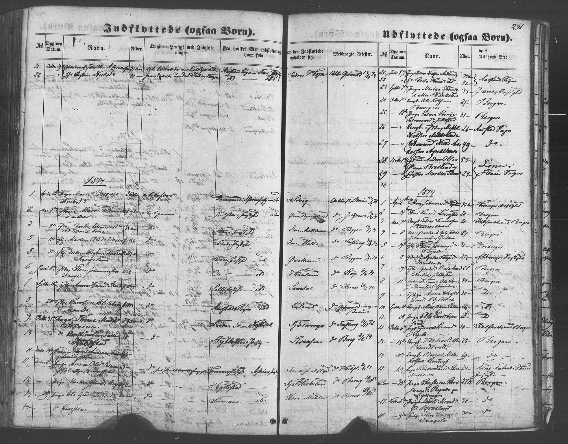 Fana Sokneprestembete, SAB/A-75101/H/Haa/Haaa/L0012: Parish register (official) no. A 12, 1862-1878, p. 291