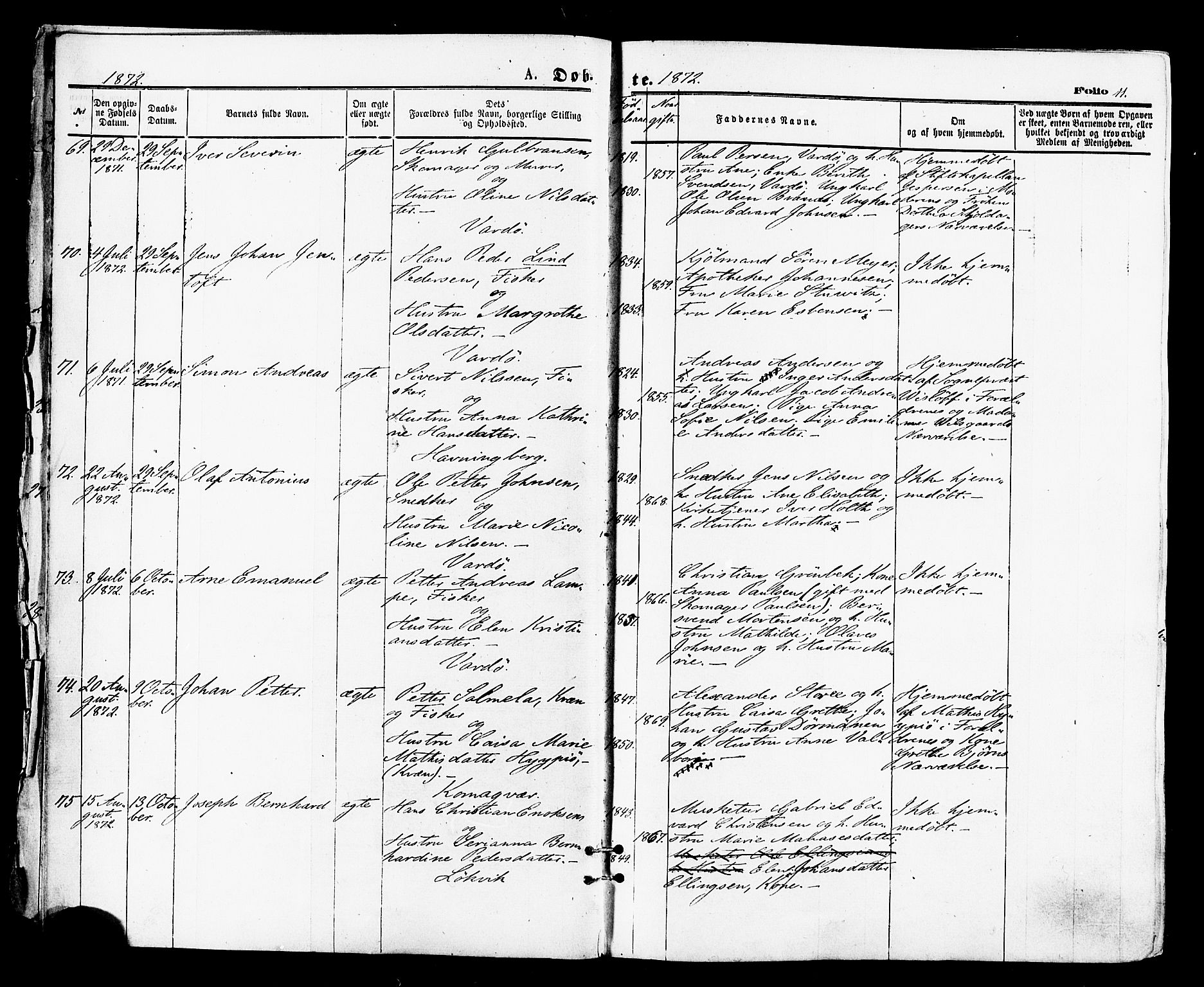 Vardø sokneprestkontor, AV/SATØ-S-1332/H/Ha/L0005kirke: Parish register (official) no. 5, 1872-1878, p. 11