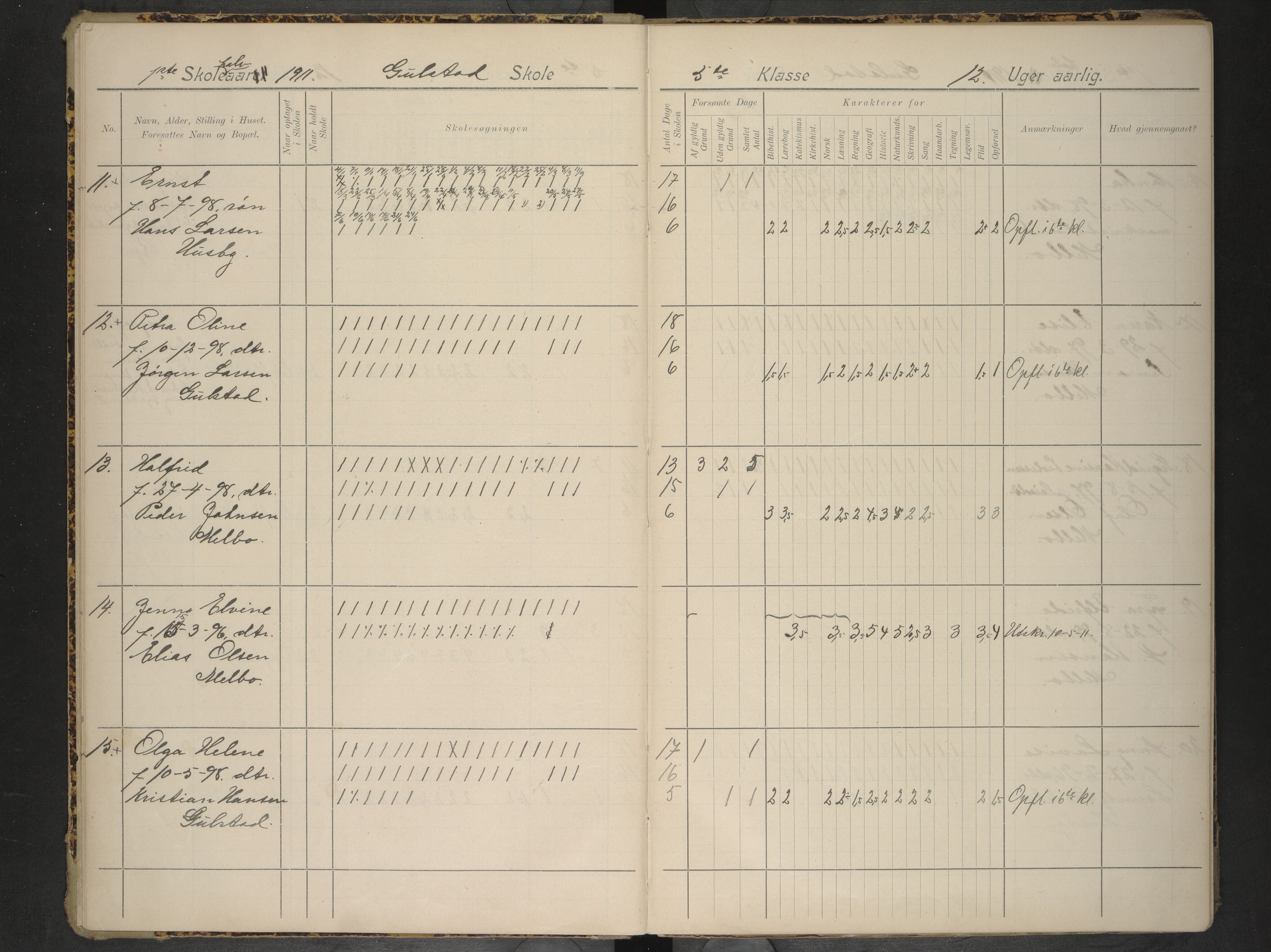 Hadsel kommune. Gulstad skolekrets, AIN/K-18660.510.28/F/Fa/L0002: Skoleprotokoll for Gulstad skole, 1911-1917