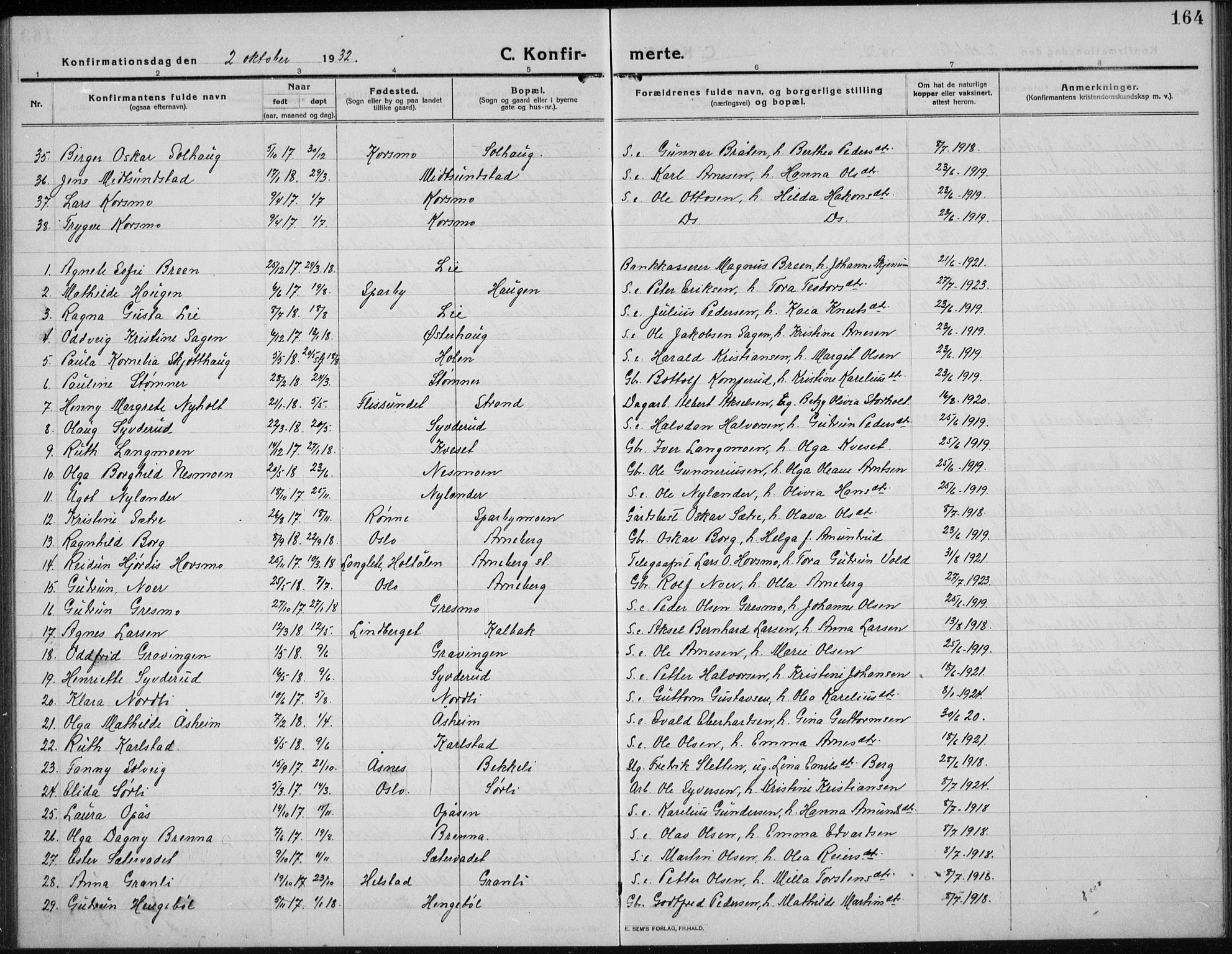 Hof prestekontor, AV/SAH-PREST-038/H/Ha/Hab/L0002: Parish register (copy) no. 2, 1915-1934, p. 164