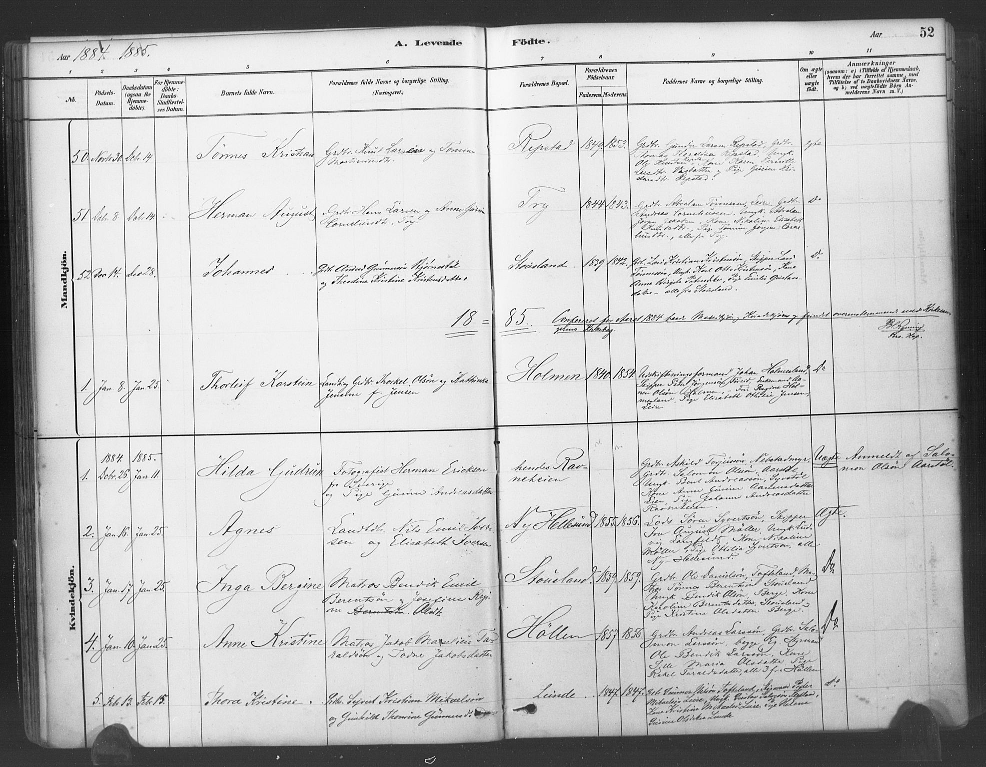 Søgne sokneprestkontor, SAK/1111-0037/F/Fa/Fab/L0012: Parish register (official) no. A 12, 1880-1891, p. 52
