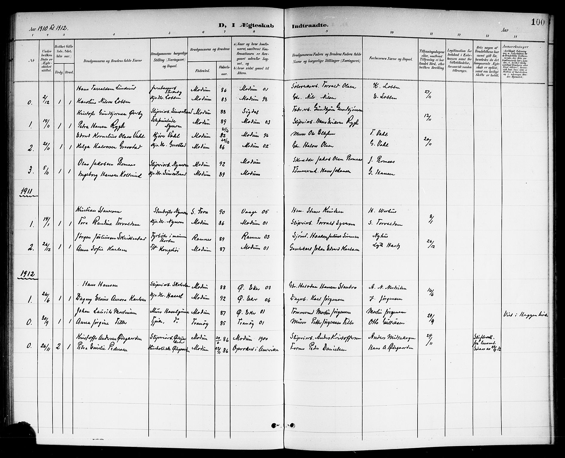 Modum kirkebøker, AV/SAKO-A-234/G/Gc/L0001: Parish register (copy) no. III 1, 1901-1919, p. 100