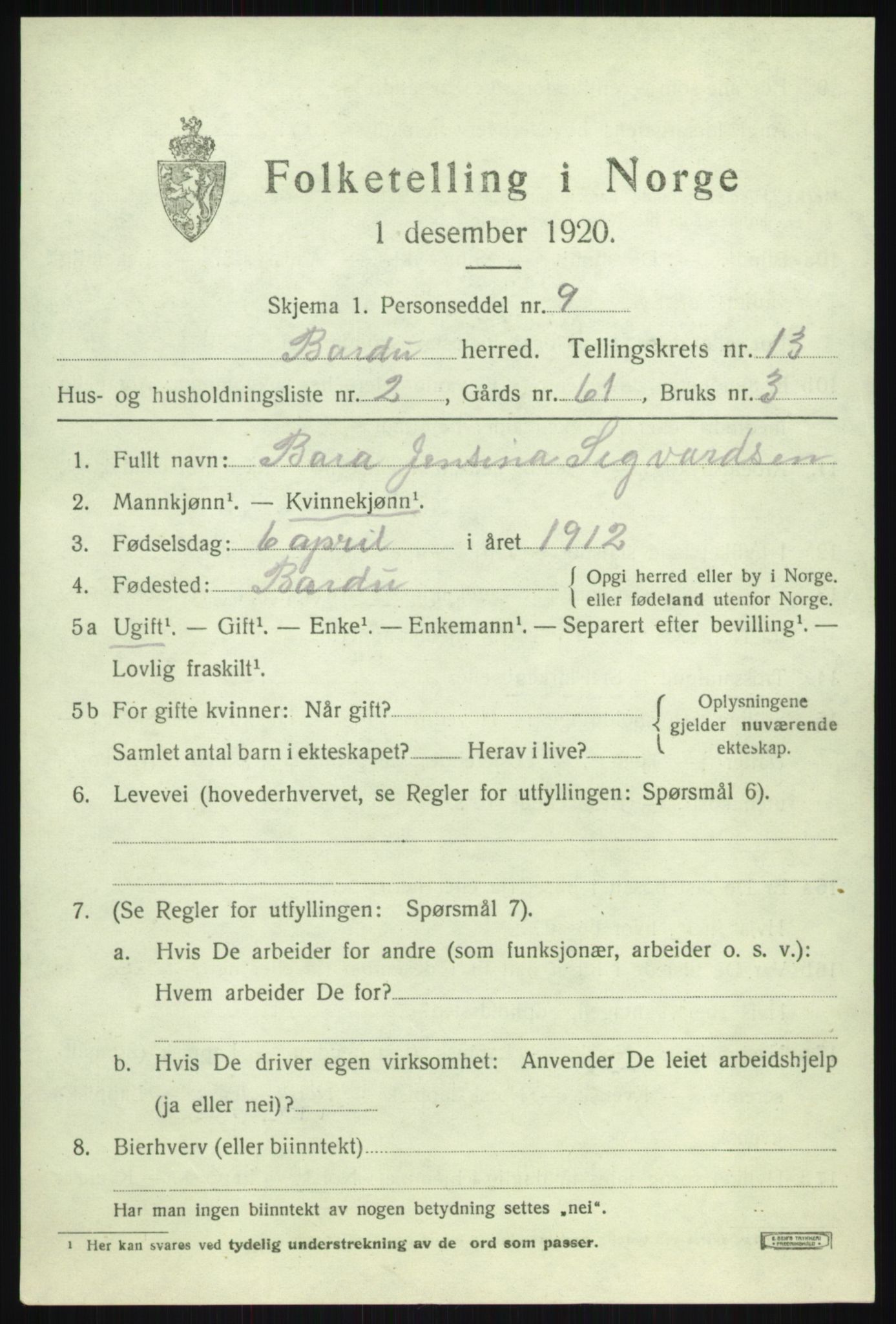 SATØ, 1920 census for Bardu, 1920, p. 4127