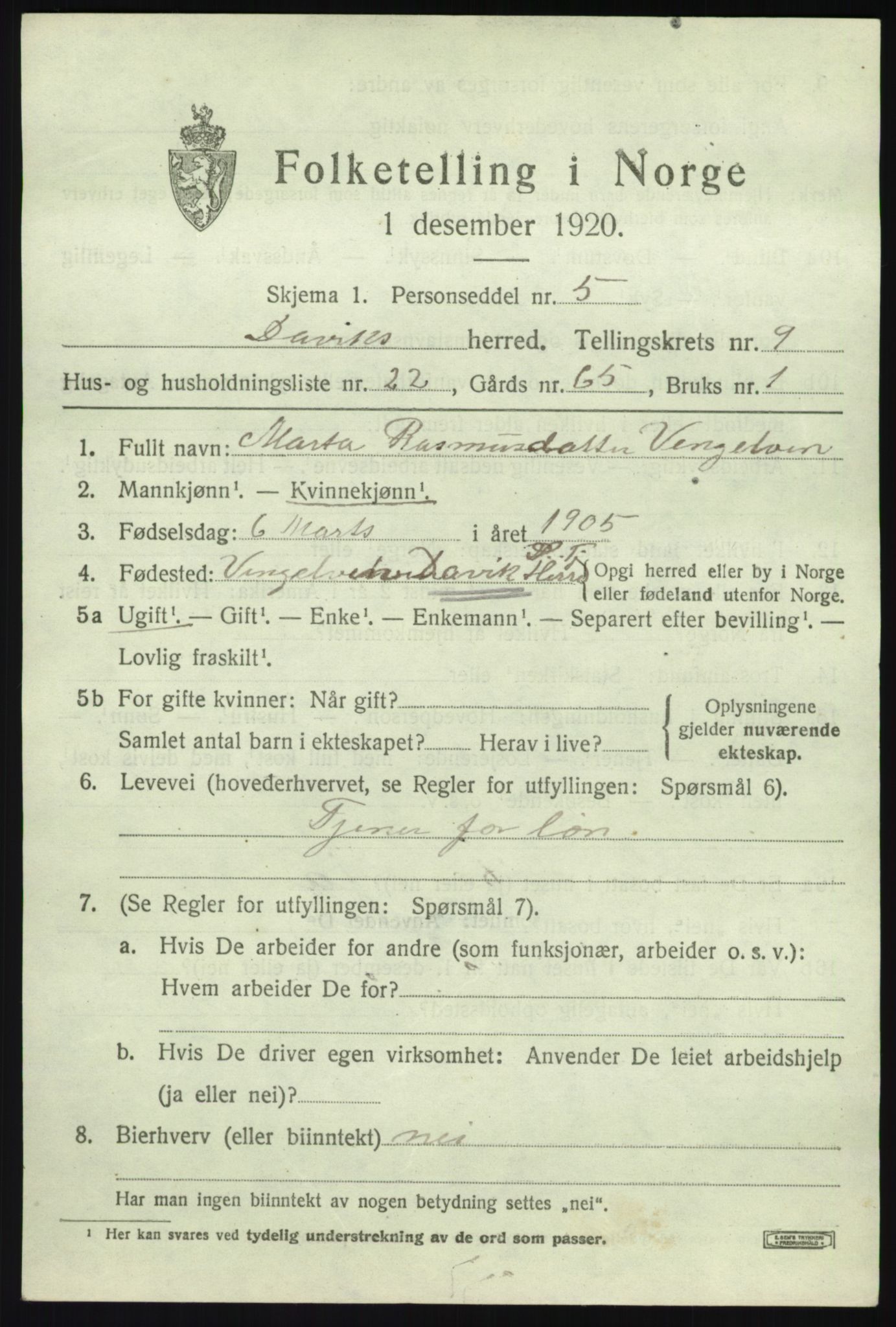 SAB, 1920 census for Davik, 1920, p. 5085