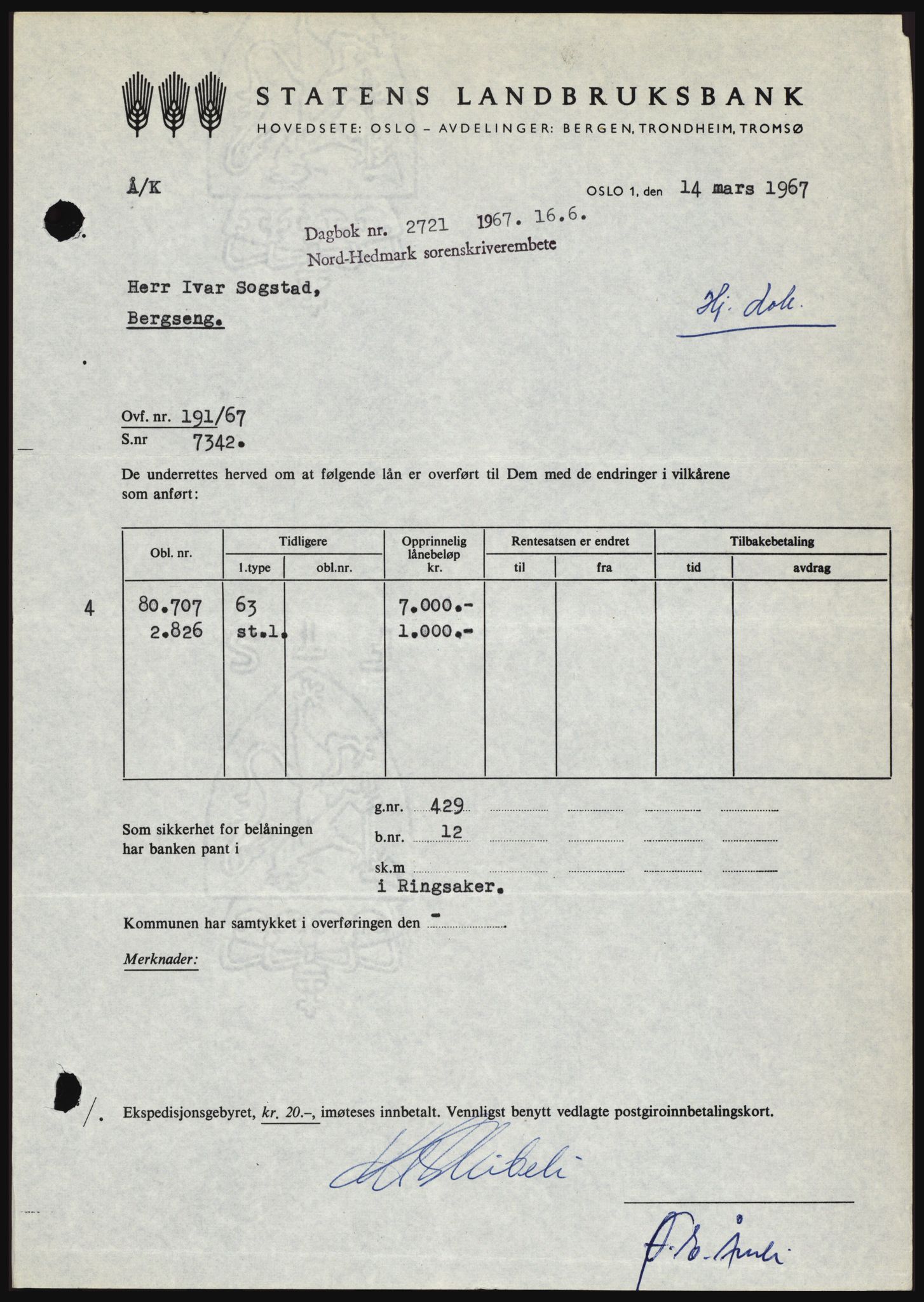 Nord-Hedmark sorenskriveri, SAH/TING-012/H/Hc/L0026: Mortgage book no. 26, 1967-1967, Diary no: : 2721/1967