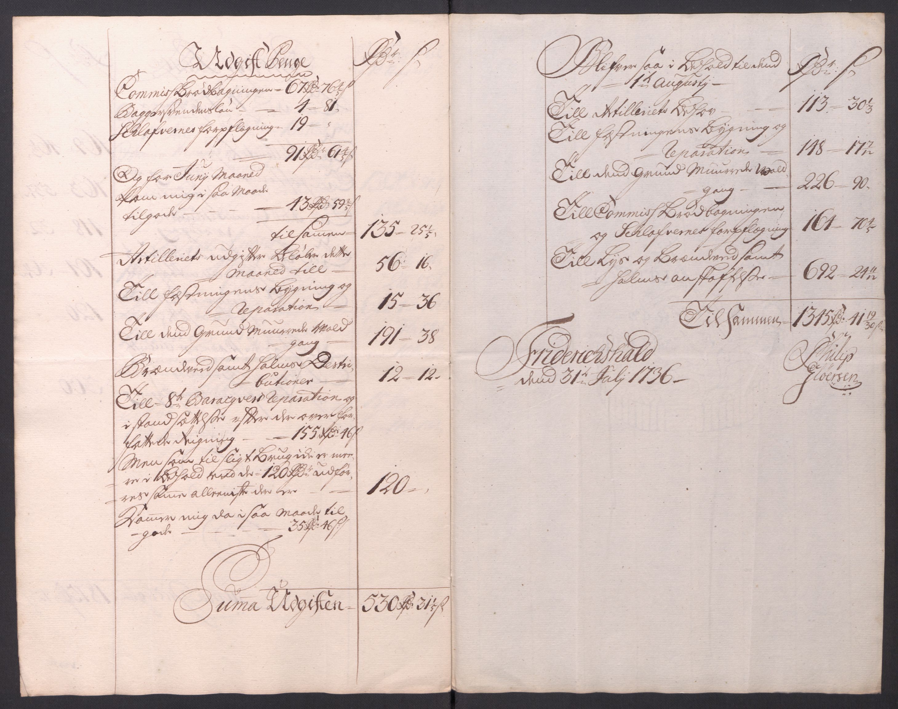 Kommanderende general (KG I) med Det norske krigsdirektorium, AV/RA-EA-5419/D/L0154: Fredriksten festning: Brev, inventarfortegnelser og regnskapsekstrakter, 1730-1739, p. 482