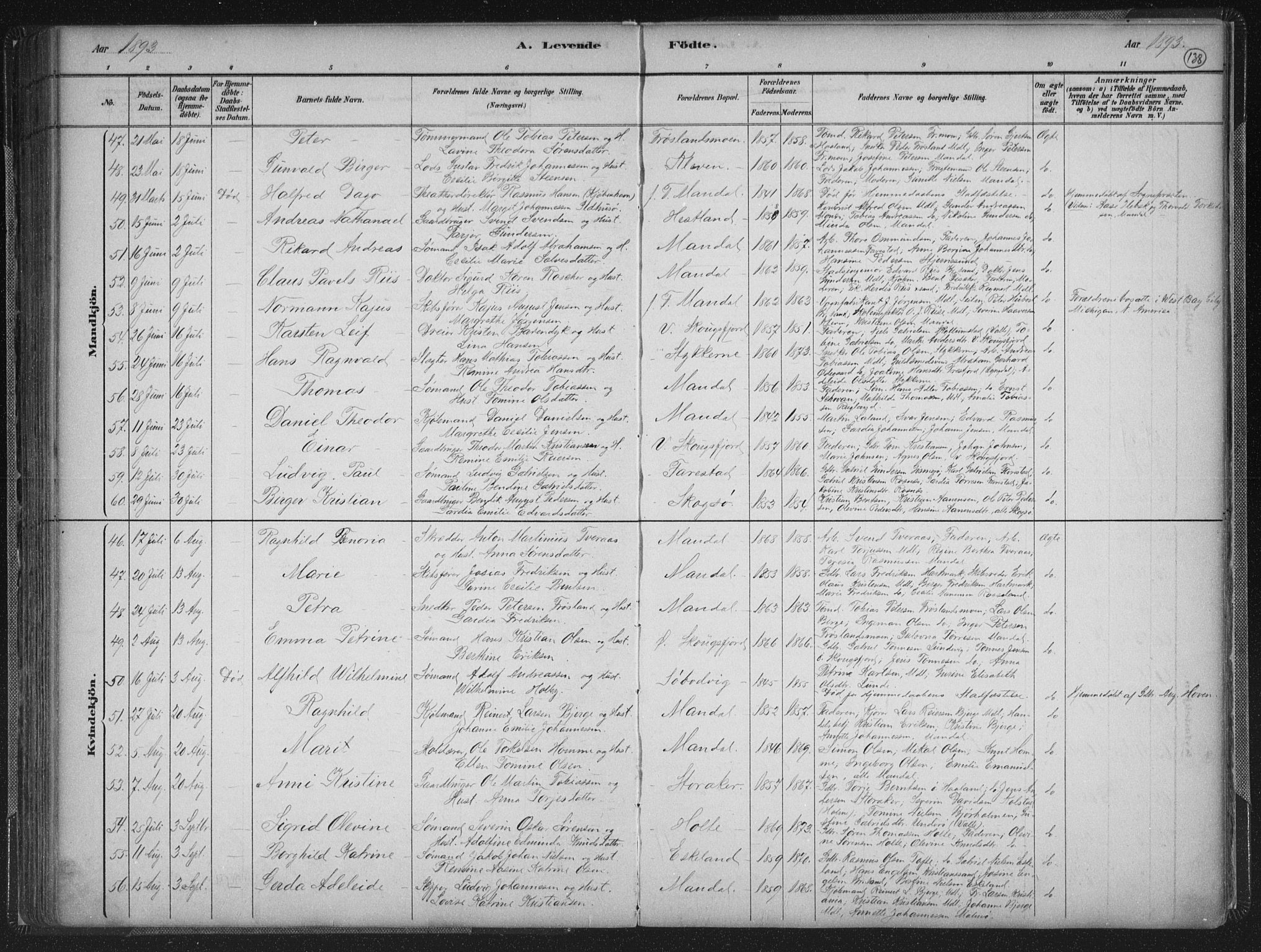 Mandal sokneprestkontor, AV/SAK-1111-0030/F/Fb/Fba/L0011: Parish register (copy) no. B 5, 1880-1898, p. 138