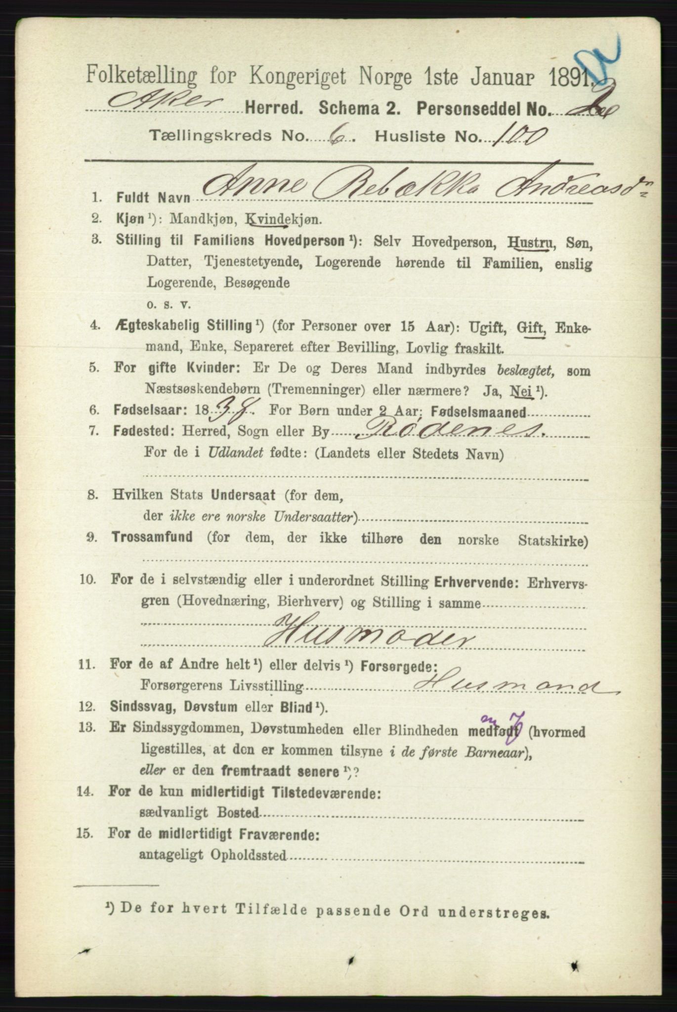 RA, 1891 census for 0218 Aker, 1891, p. 6134