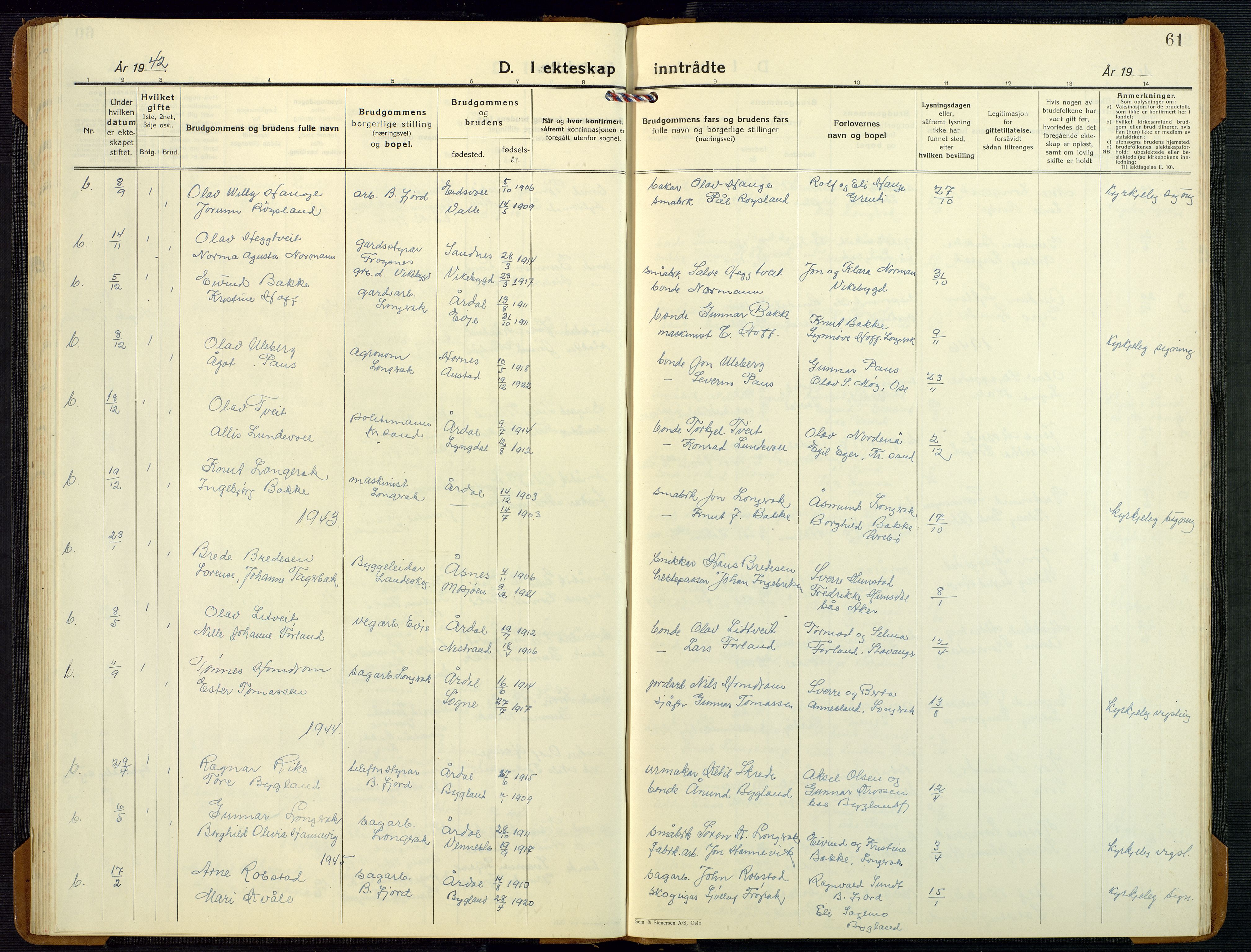Bygland sokneprestkontor, SAK/1111-0006/F/Fb/Fbd/L0004: Parish register (copy) no. B 4, 1926-1971, p. 61