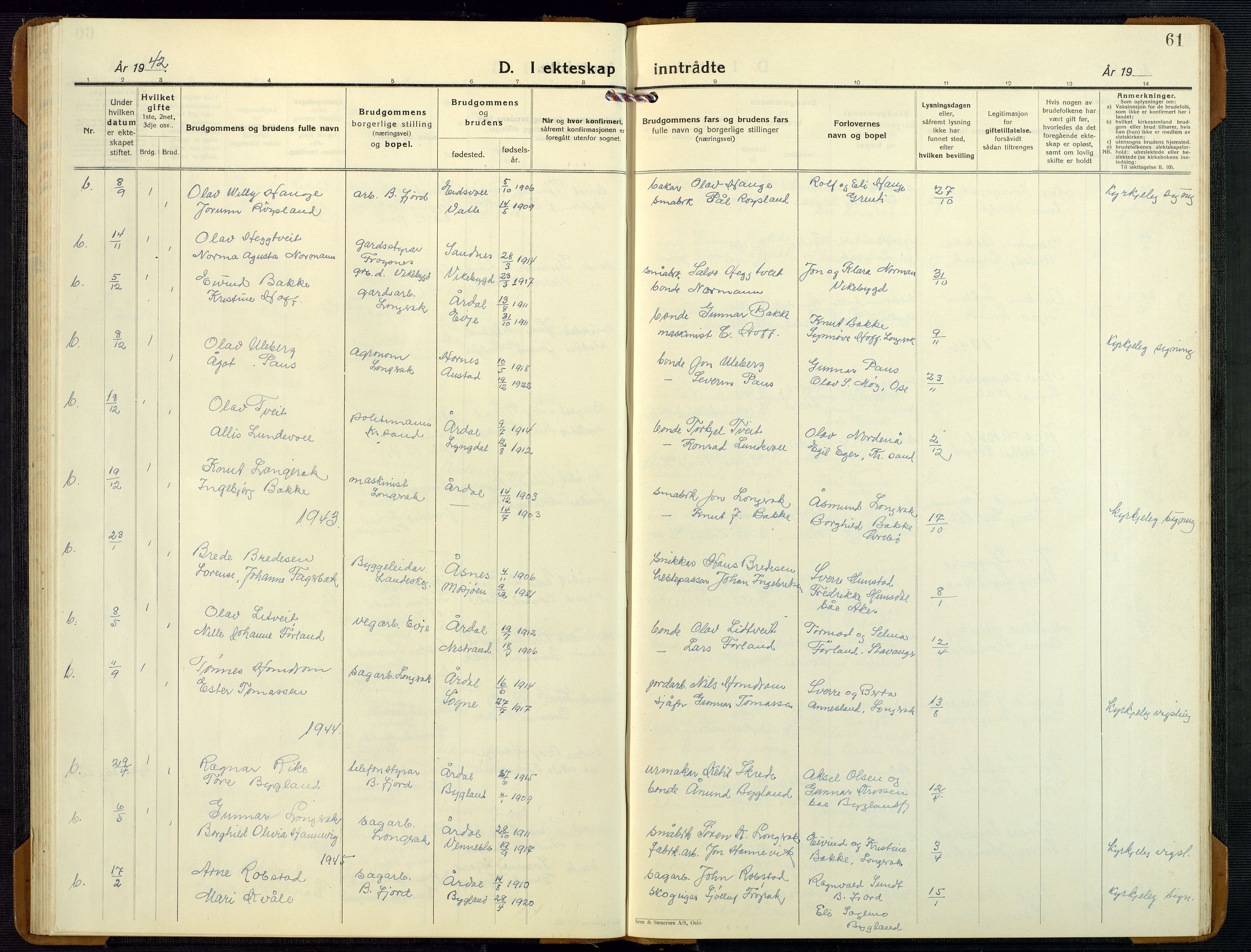 Bygland sokneprestkontor, AV/SAK-1111-0006/F/Fb/Fbd/L0004: Parish register (copy) no. B 4, 1926-1971, p. 61