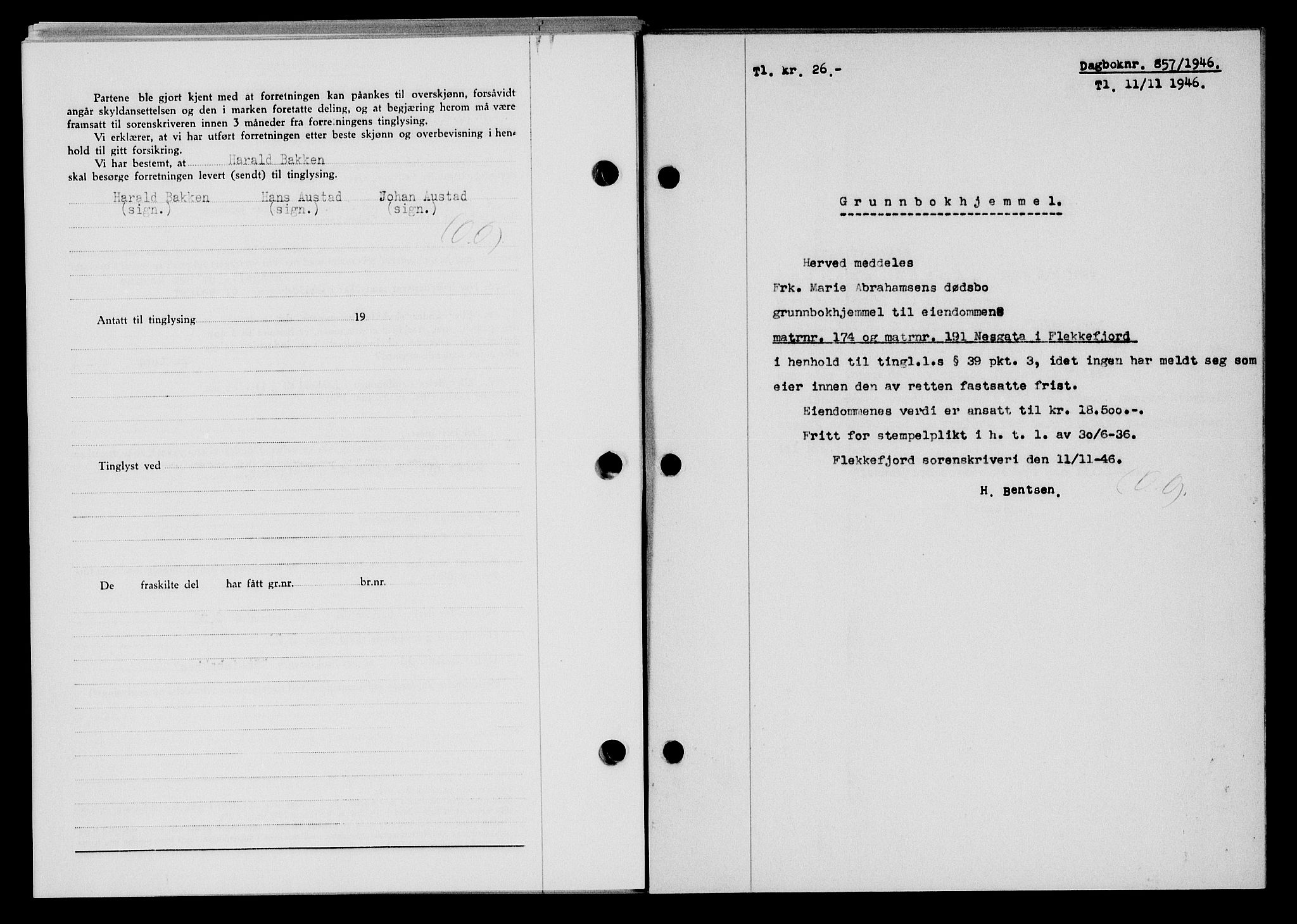 Flekkefjord sorenskriveri, AV/SAK-1221-0001/G/Gb/Gba/L0061: Mortgage book no. A-9, 1946-1947, Diary no: : 857/1946