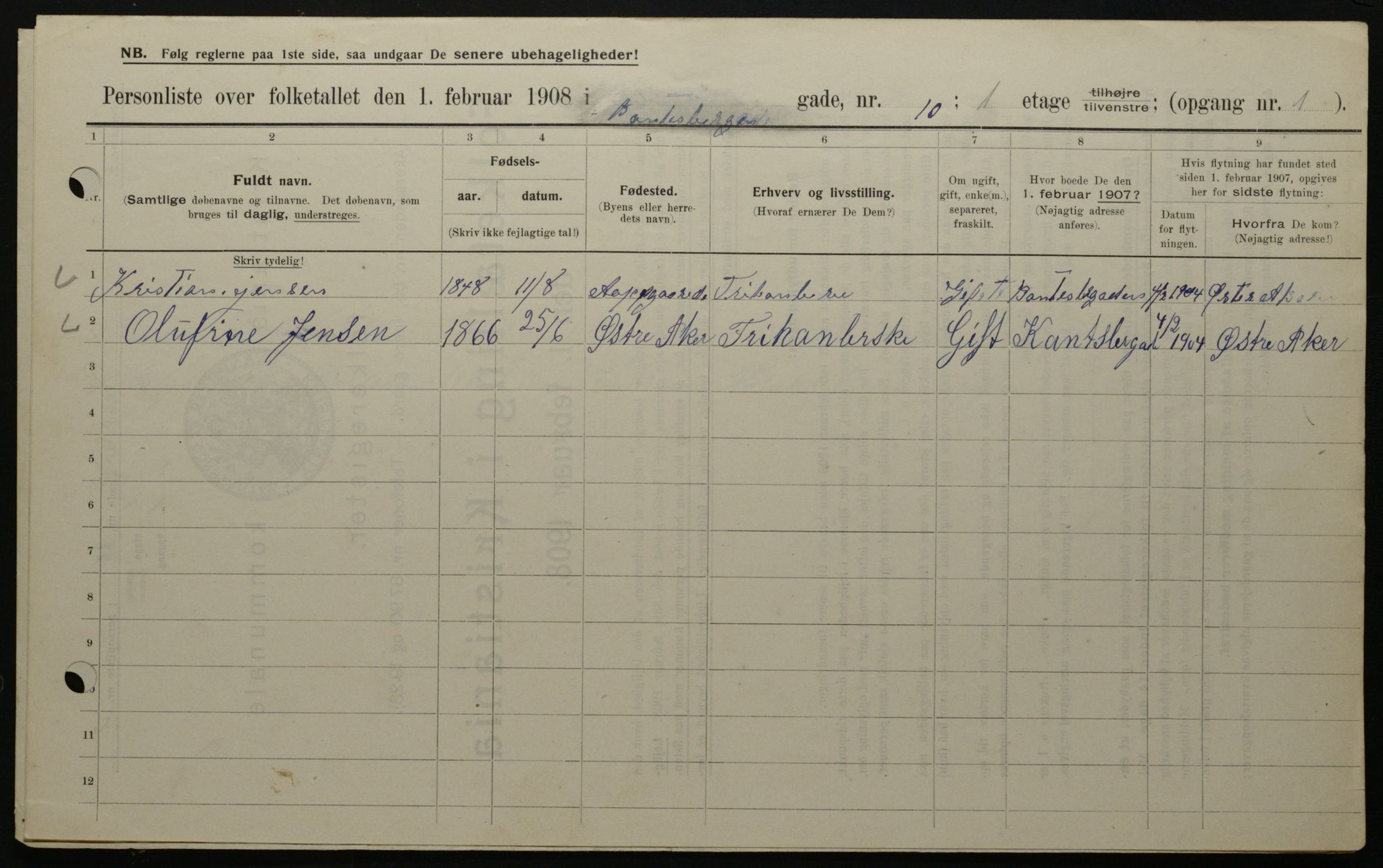 OBA, Municipal Census 1908 for Kristiania, 1908, p. 43113