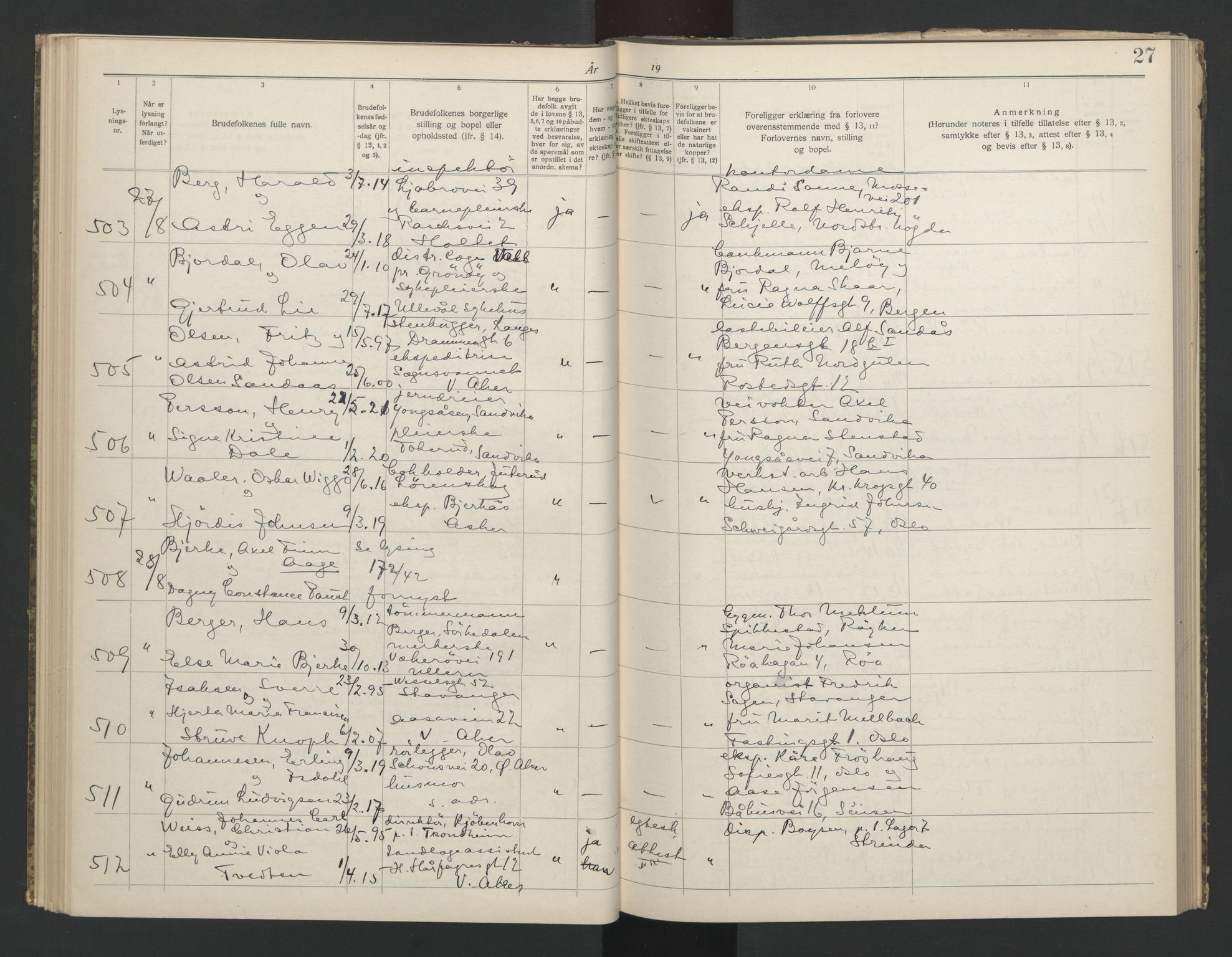 Aker sorenskriveri, AV/SAO-A-10895/L/Lb/L0002: Lysningsbok, 1942-1943, p. 27
