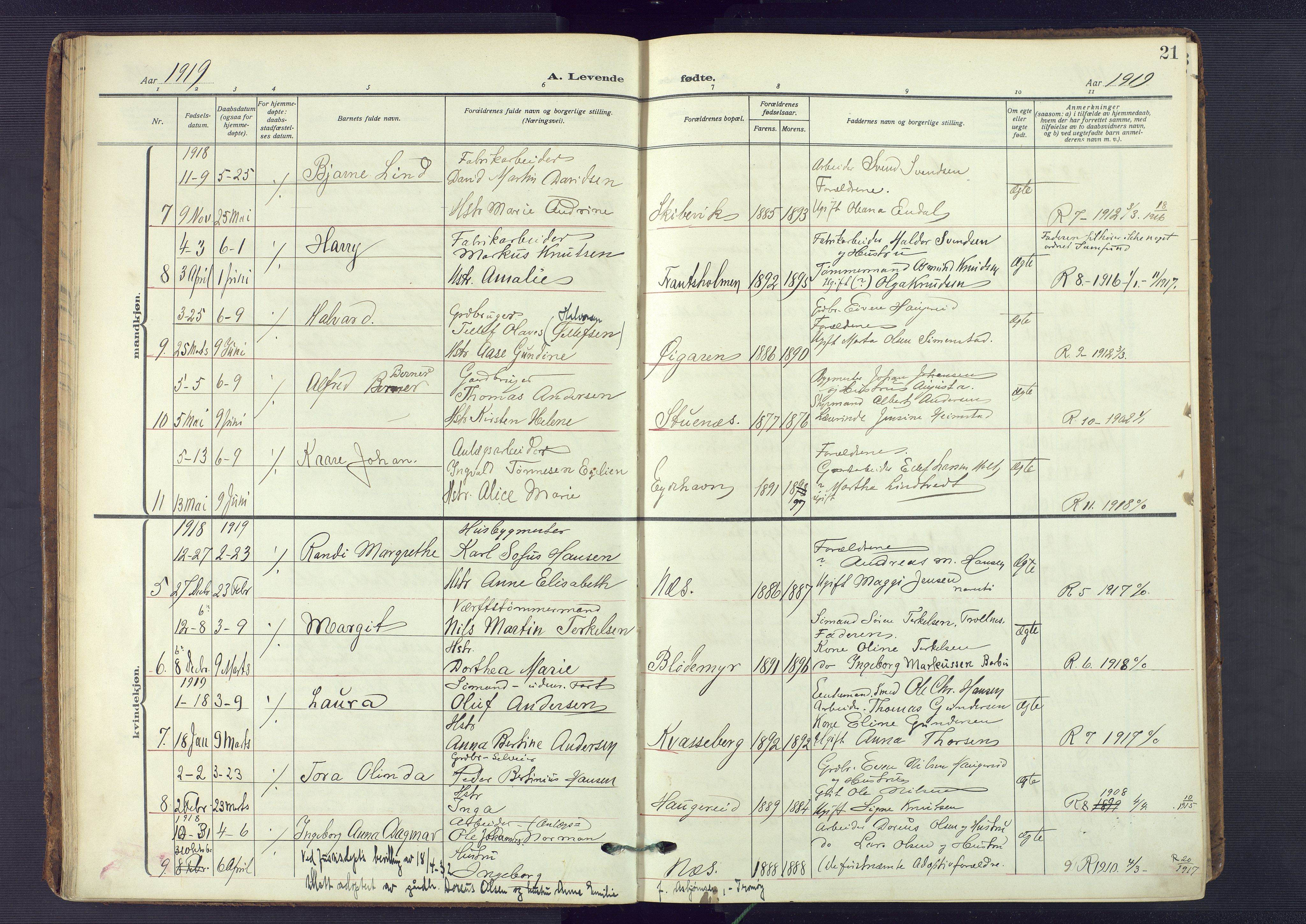 Austre Moland sokneprestkontor, SAK/1111-0001/F/Fa/Fab/L0003: Parish register (official) no. A 3, 1914-1927, p. 21