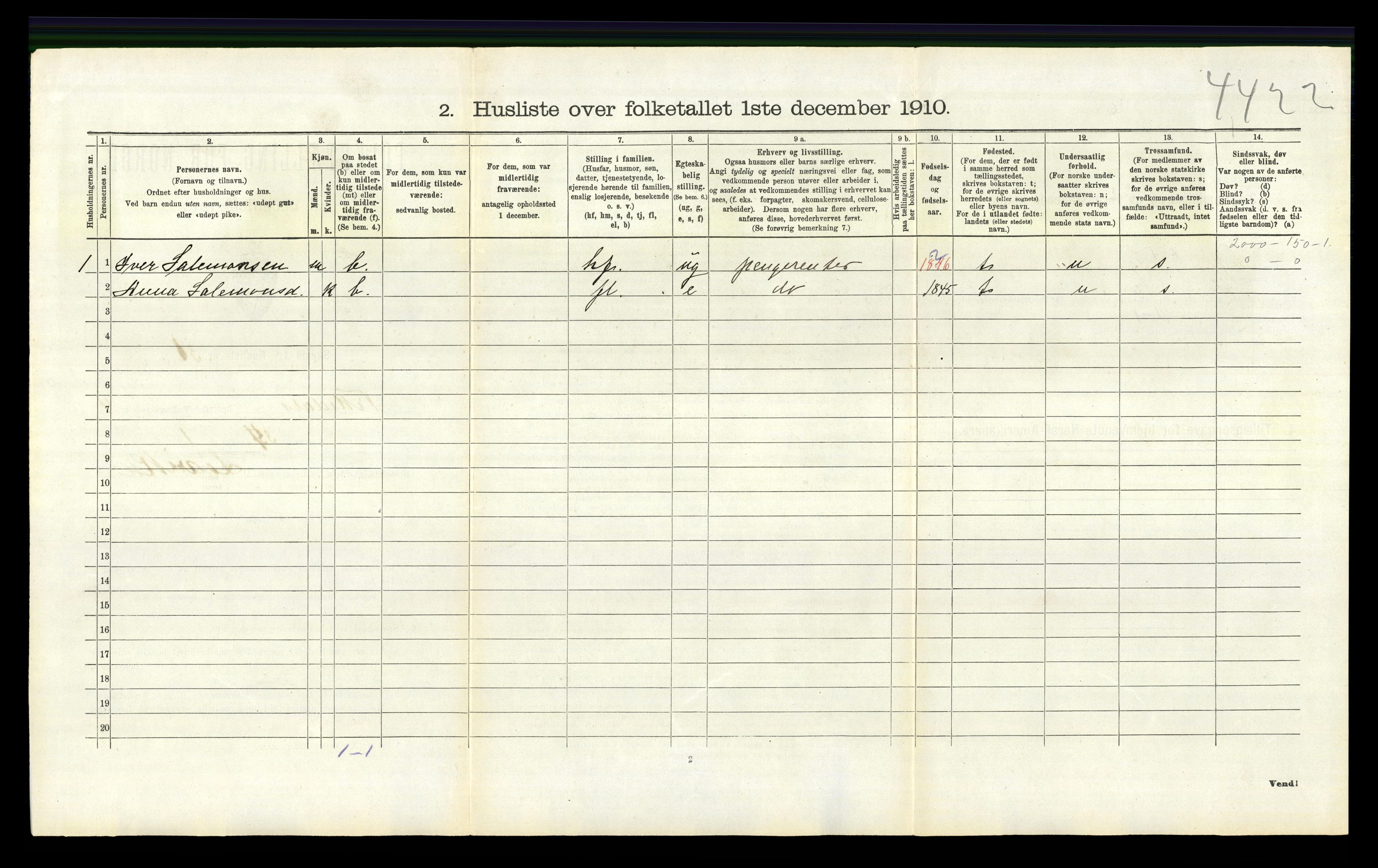 RA, 1910 census for Vikedal, 1910, p. 390