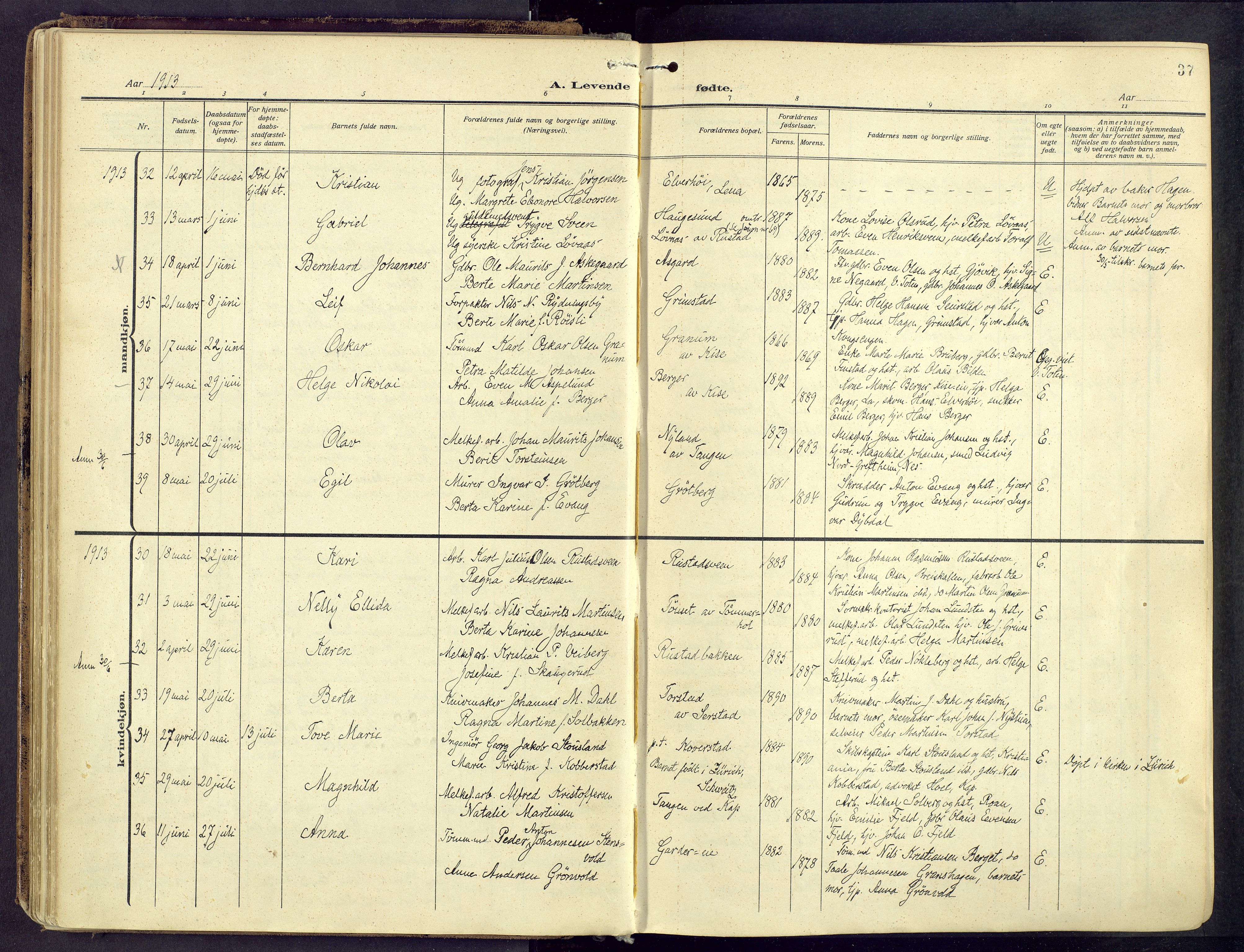 Østre Toten prestekontor, AV/SAH-PREST-104/H/Ha/Haa/L0010: Parish register (official) no. 10, 1910-1920, p. 37
