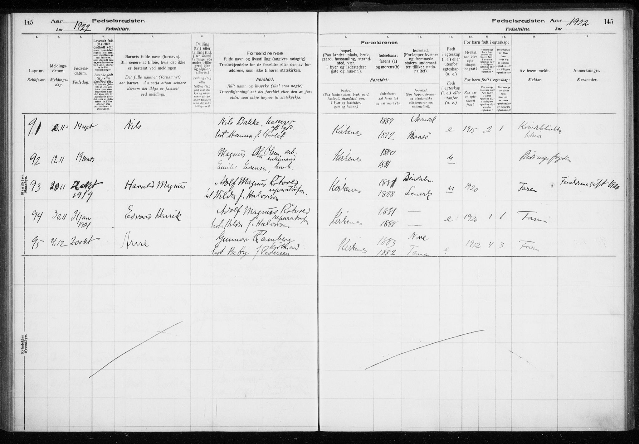 Sør-Varanger sokneprestkontor, AV/SATØ-S-1331/I/Ia/L0016: Birth register no. 16, 1915-1925, p. 145