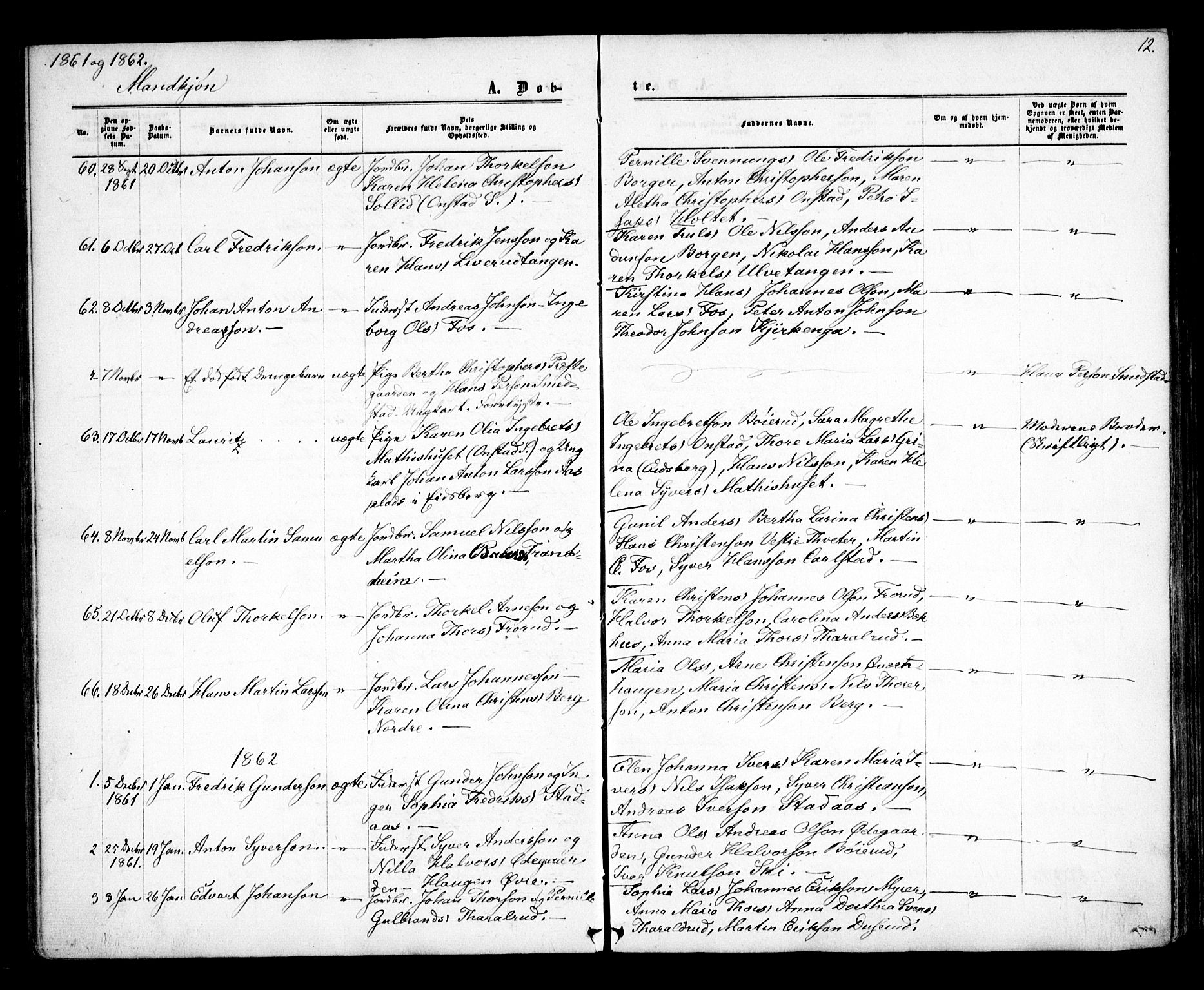 Skiptvet prestekontor Kirkebøker, AV/SAO-A-20009/F/Fa/L0007: Parish register (official) no. 7, 1861-1866, p. 12