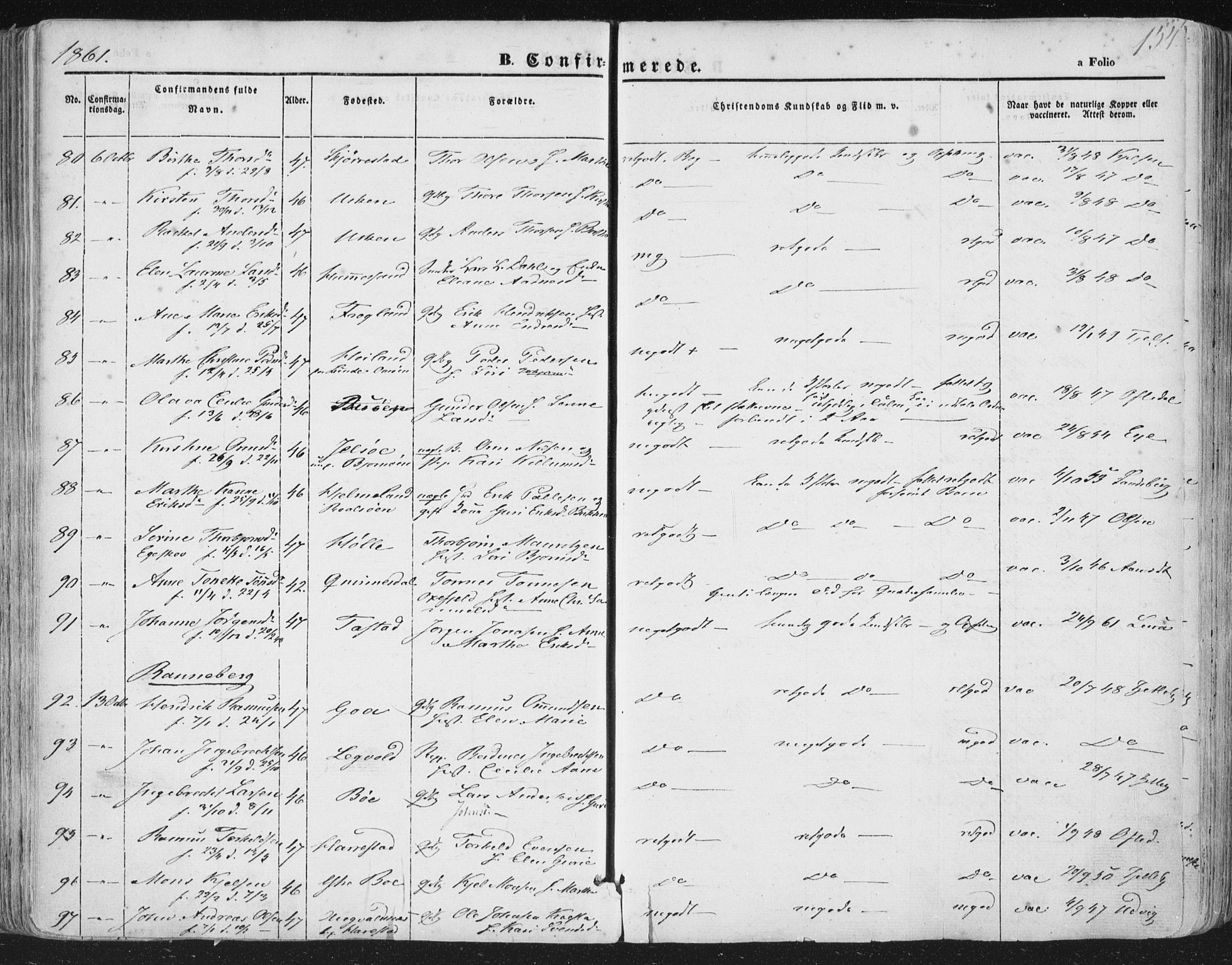 Hetland sokneprestkontor, AV/SAST-A-101826/30/30BA/L0002: Parish register (official) no. A 2, 1849-1869, p. 154