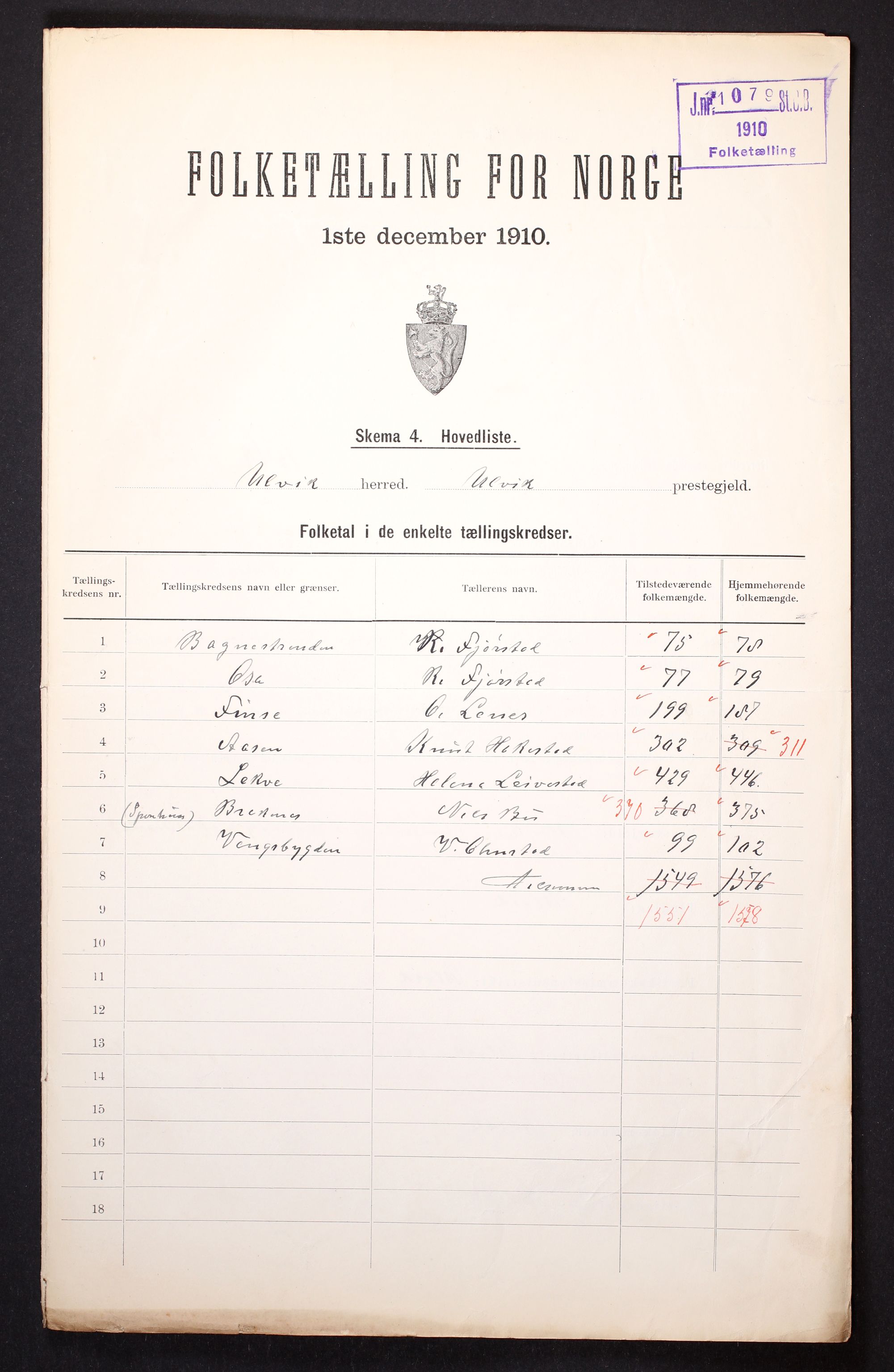 RA, 1910 census for Ulvik, 1910, p. 2