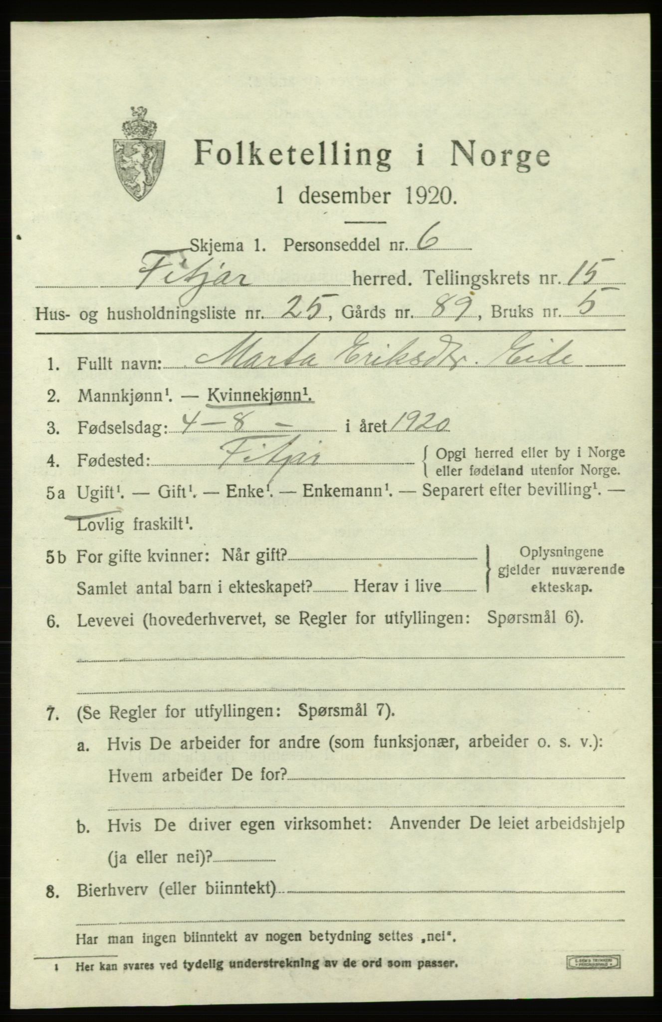 SAB, 1920 census for Fitjar, 1920, p. 6442