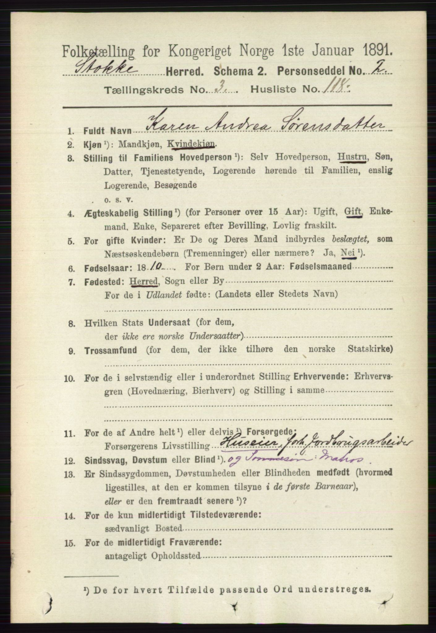 RA, 1891 census for 0720 Stokke, 1891, p. 2317