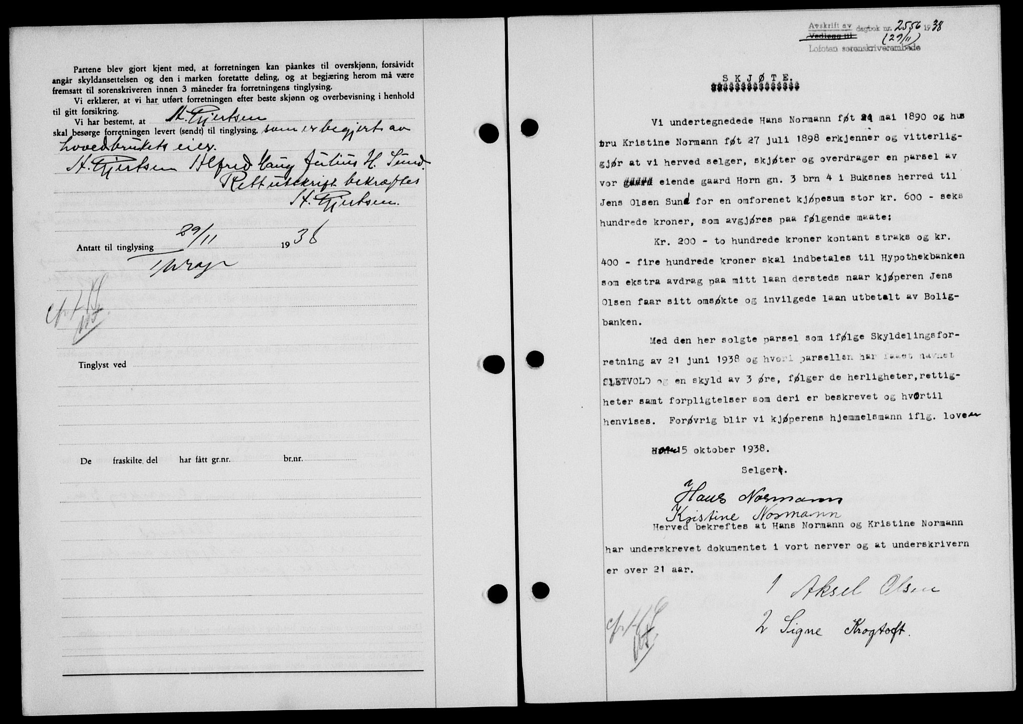 Lofoten sorenskriveri, SAT/A-0017/1/2/2C/L0004a: Mortgage book no. 4a, 1938-1938, Diary no: : 2556/1938