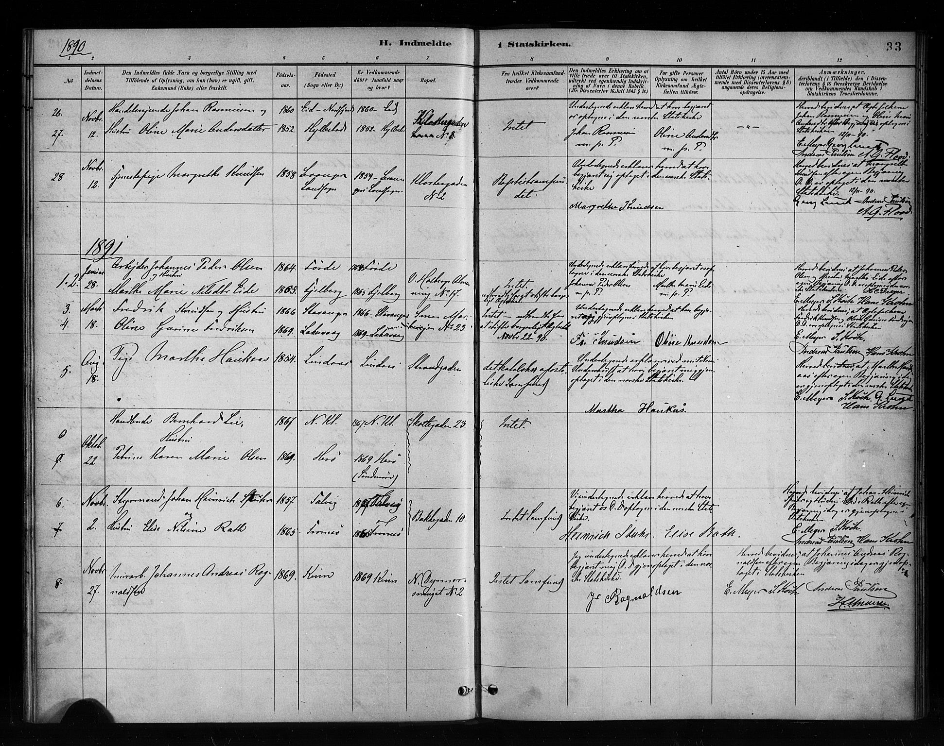 Nykirken Sokneprestembete, SAB/A-77101/H/Haa/L0053: Parish register (official) no. H 2, 1887-1897, p. 33