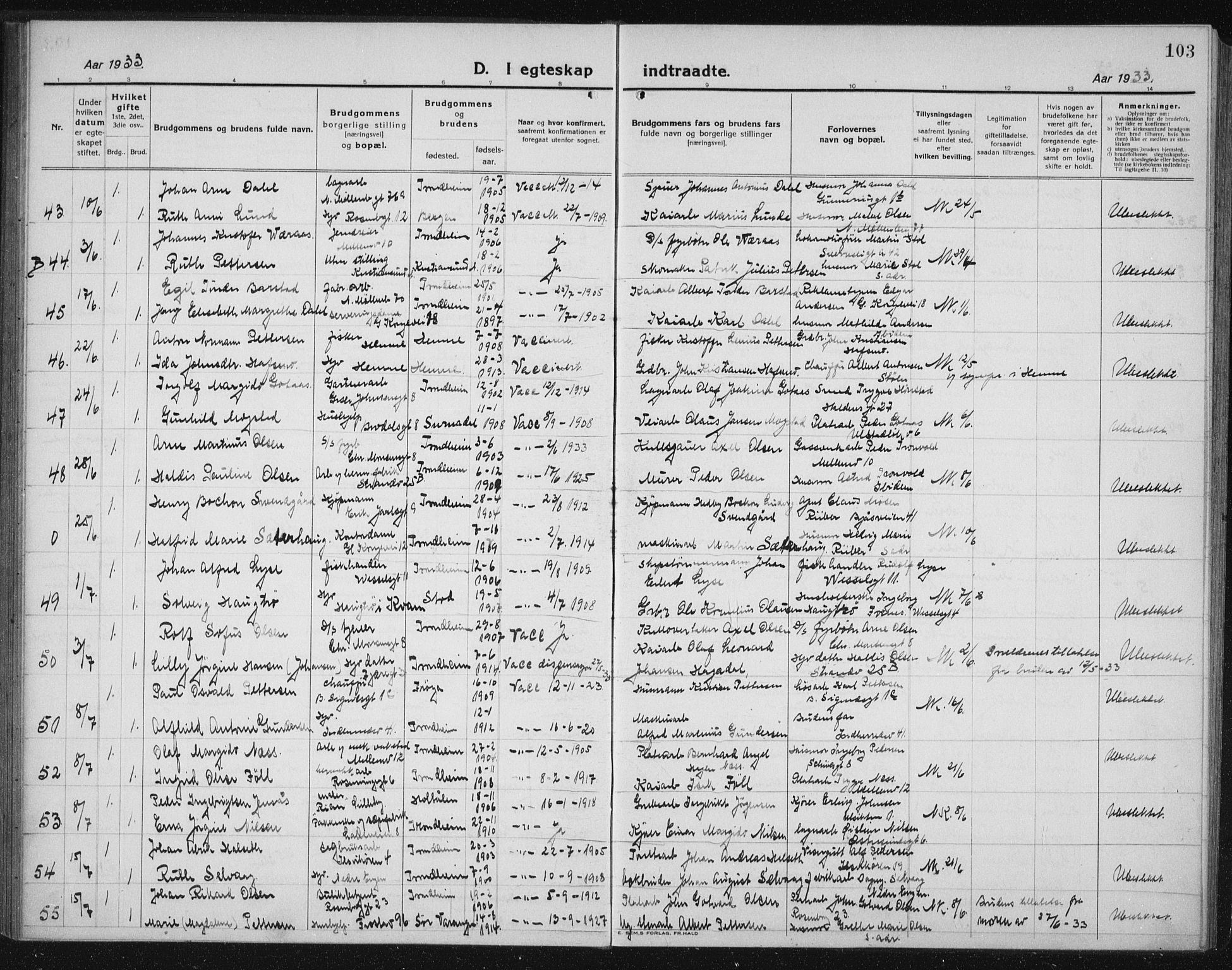 Ministerialprotokoller, klokkerbøker og fødselsregistre - Sør-Trøndelag, SAT/A-1456/605/L0260: Parish register (copy) no. 605C07, 1922-1942, p. 103