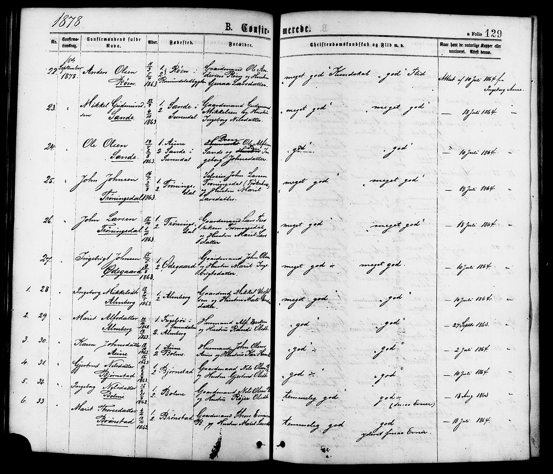 Ministerialprotokoller, klokkerbøker og fødselsregistre - Møre og Romsdal, AV/SAT-A-1454/598/L1068: Parish register (official) no. 598A02, 1872-1881, p. 129