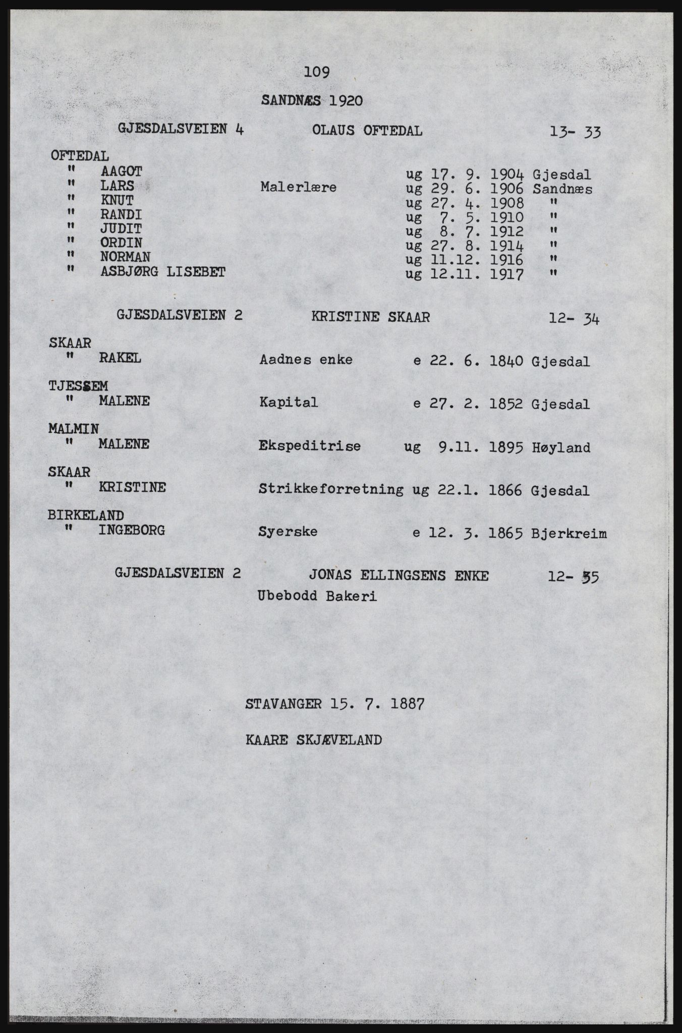 SAST, Copy of 1920 census for Sandnes, 1920, p. 119