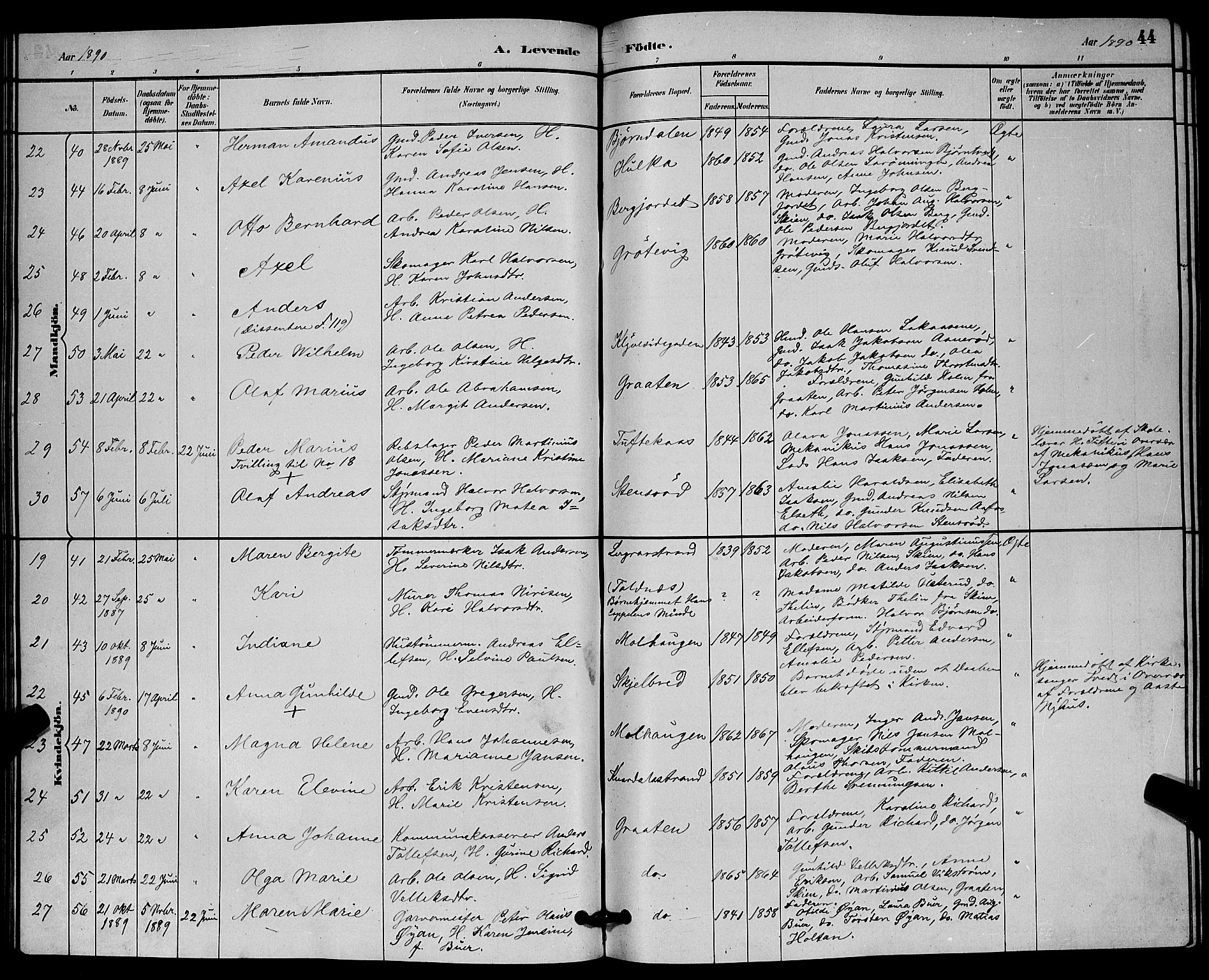 Solum kirkebøker, AV/SAKO-A-306/G/Ga/L0007: Parish register (copy) no. I 7, 1884-1898, p. 44