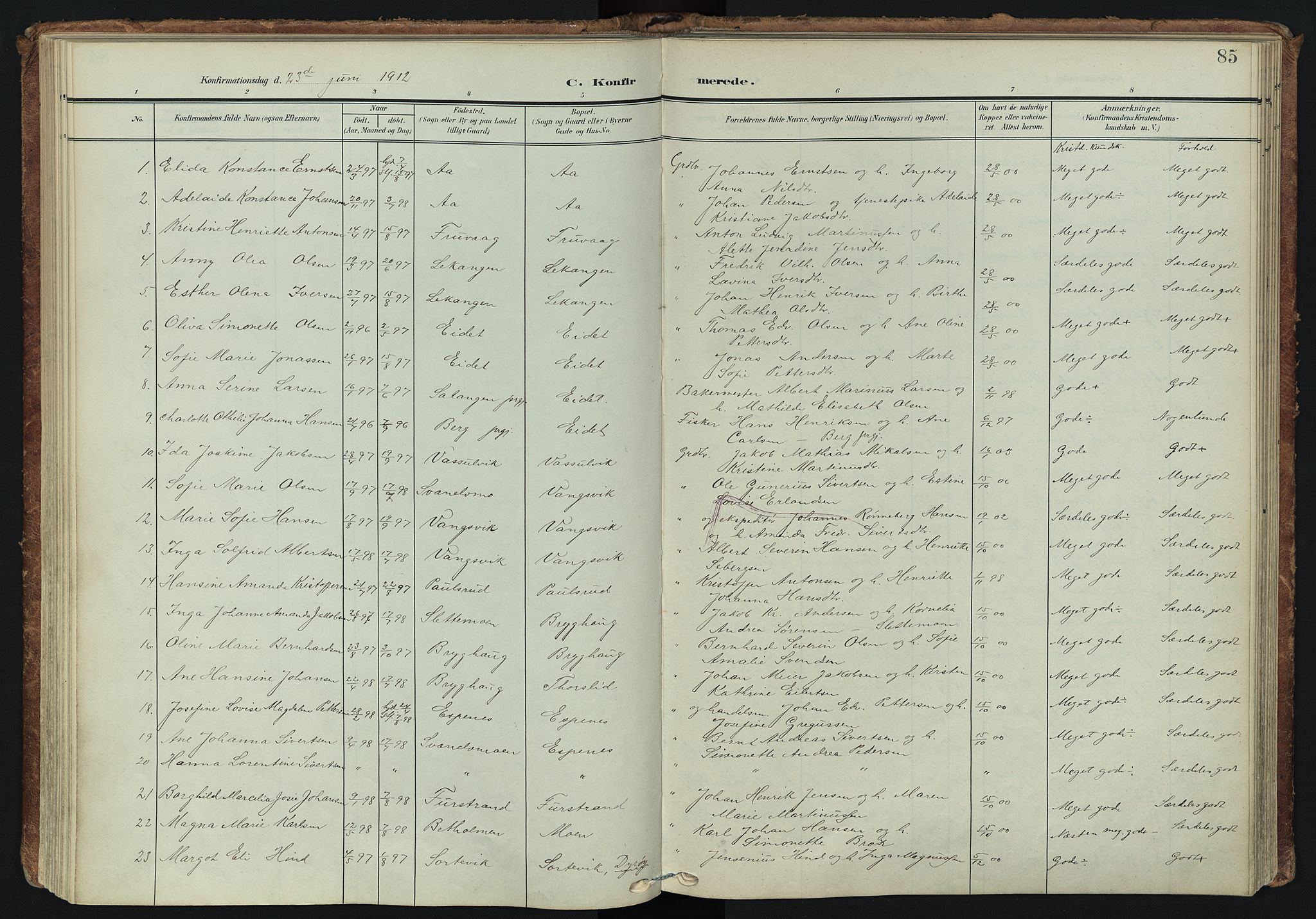 Tranøy sokneprestkontor, AV/SATØ-S-1313/I/Ia/Iaa/L0014kirke: Parish register (official) no. 14, 1905-1919, p. 85