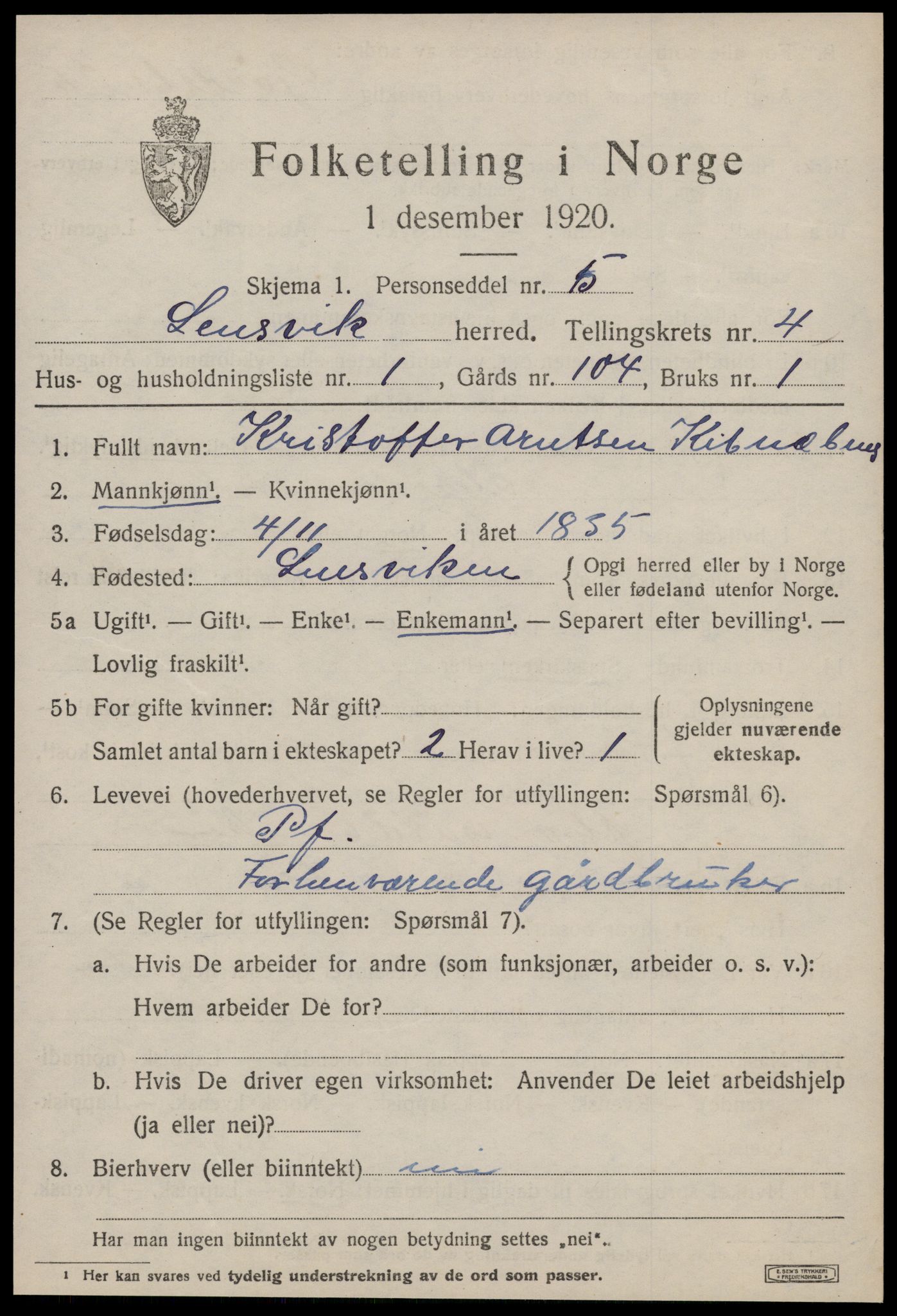 SAT, 1920 census for Lensvik, 1920, p. 2164