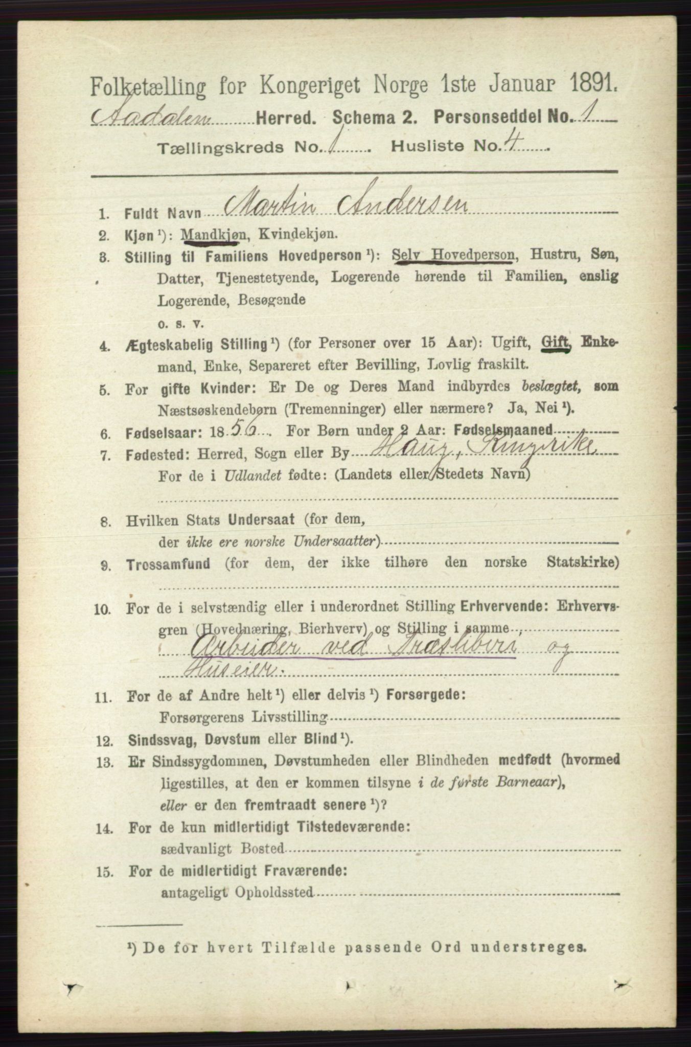 RA, 1891 census for 0614 Ådal, 1891, p. 86