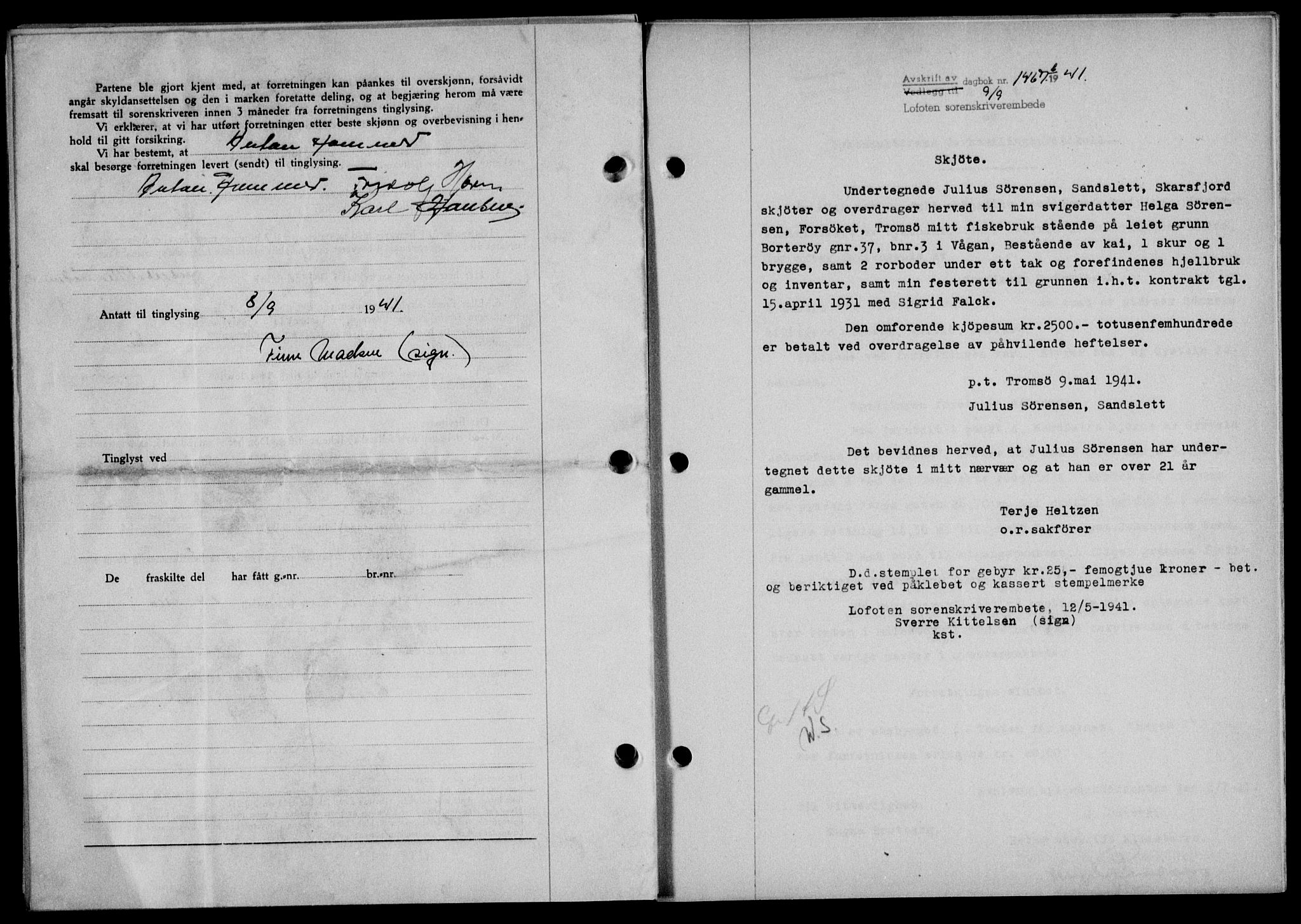 Lofoten sorenskriveri, SAT/A-0017/1/2/2C/L0008a: Mortgage book no. 8a, 1940-1941, Diary no: : 1467/1941