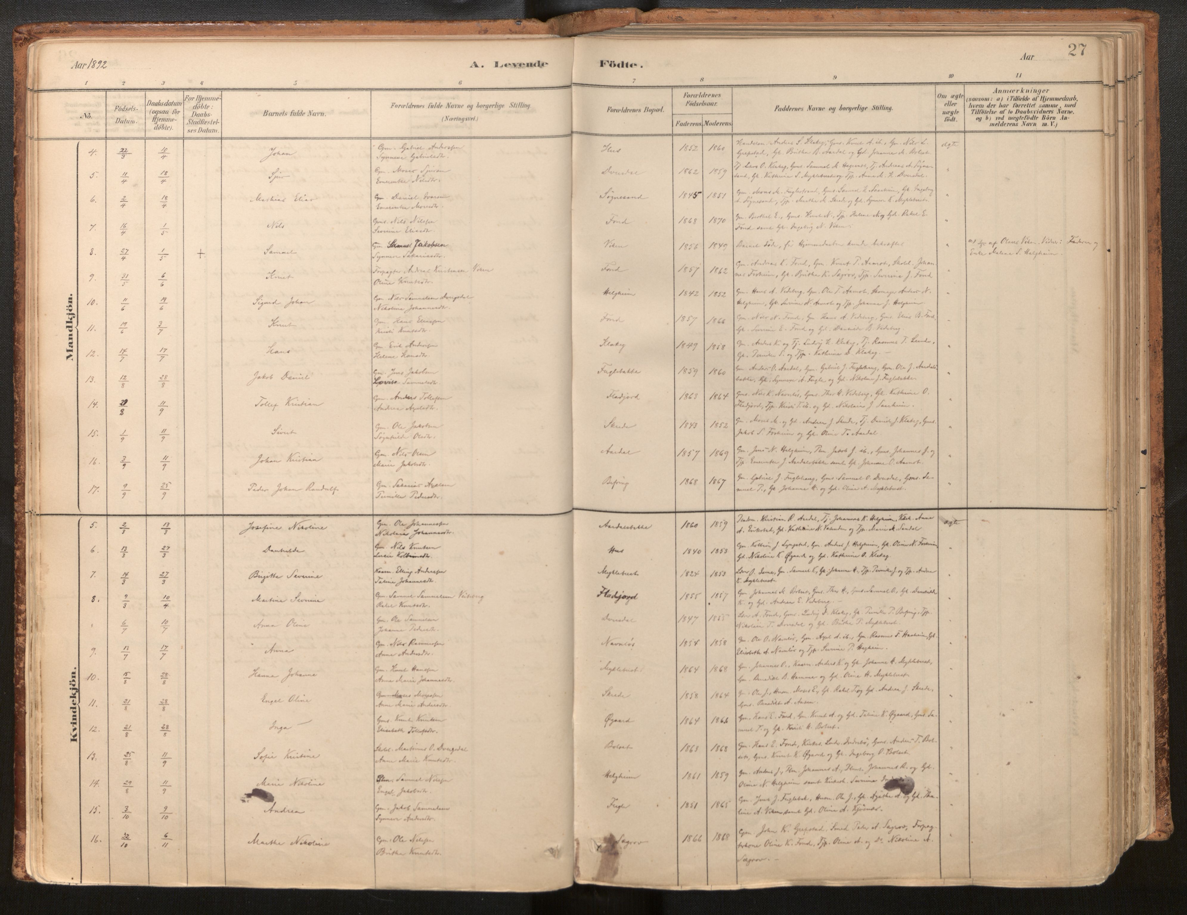 Jølster sokneprestembete, SAB/A-80701/H/Haa/Haac/L0001: Parish register (official) no. C 1, 1882-1928, p. 27