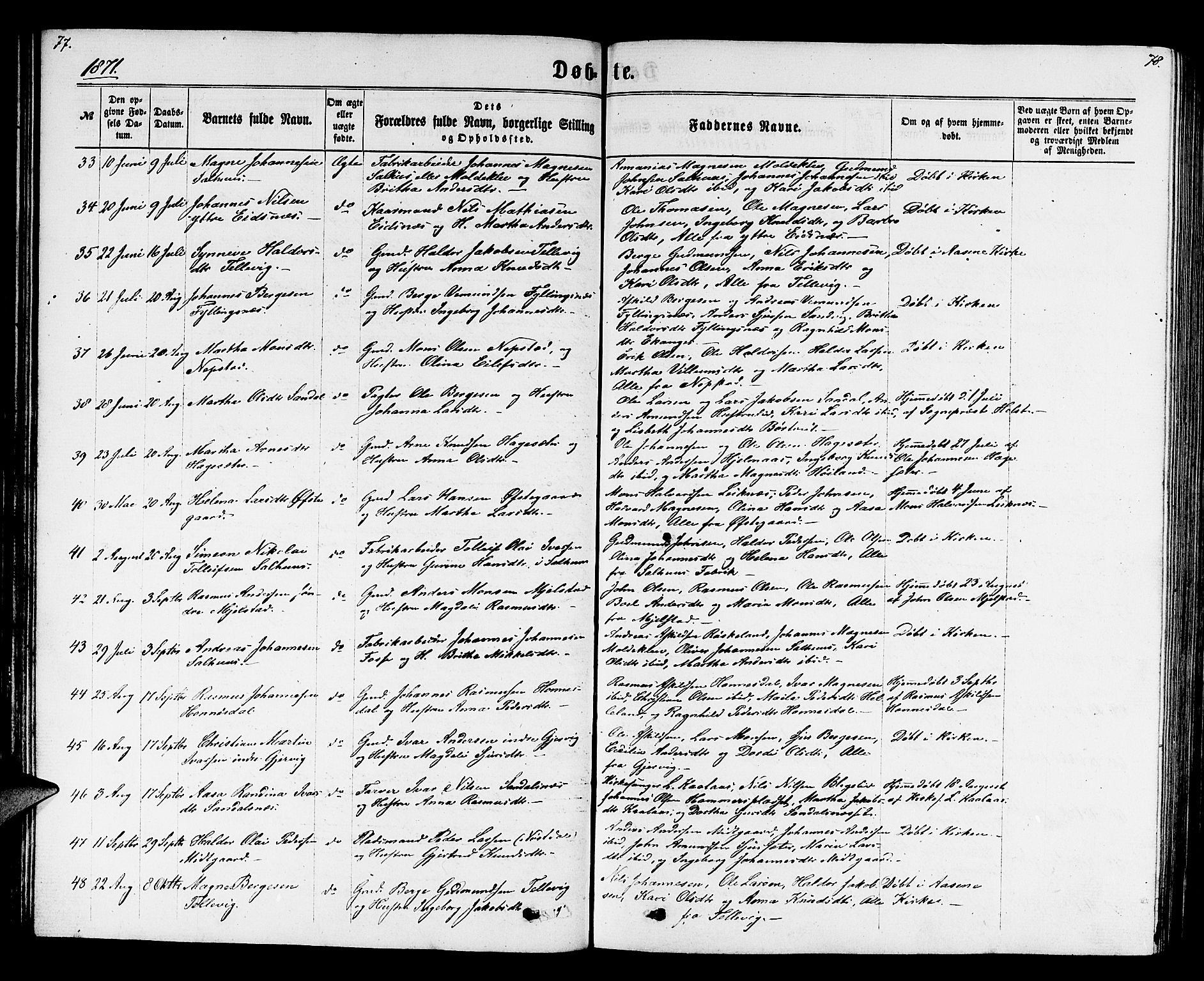 Hamre sokneprestembete, SAB/A-75501/H/Ha/Hab: Parish register (copy) no. B 2, 1863-1880, p. 77-78