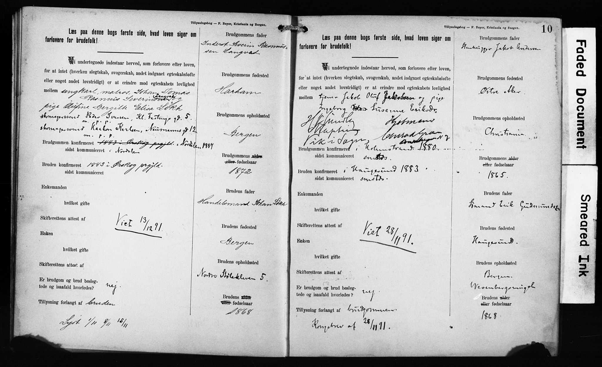 Mariakirken Sokneprestembete, AV/SAB-A-76901: Best man's statements no. II.5.1, 1891-1901, p. 10