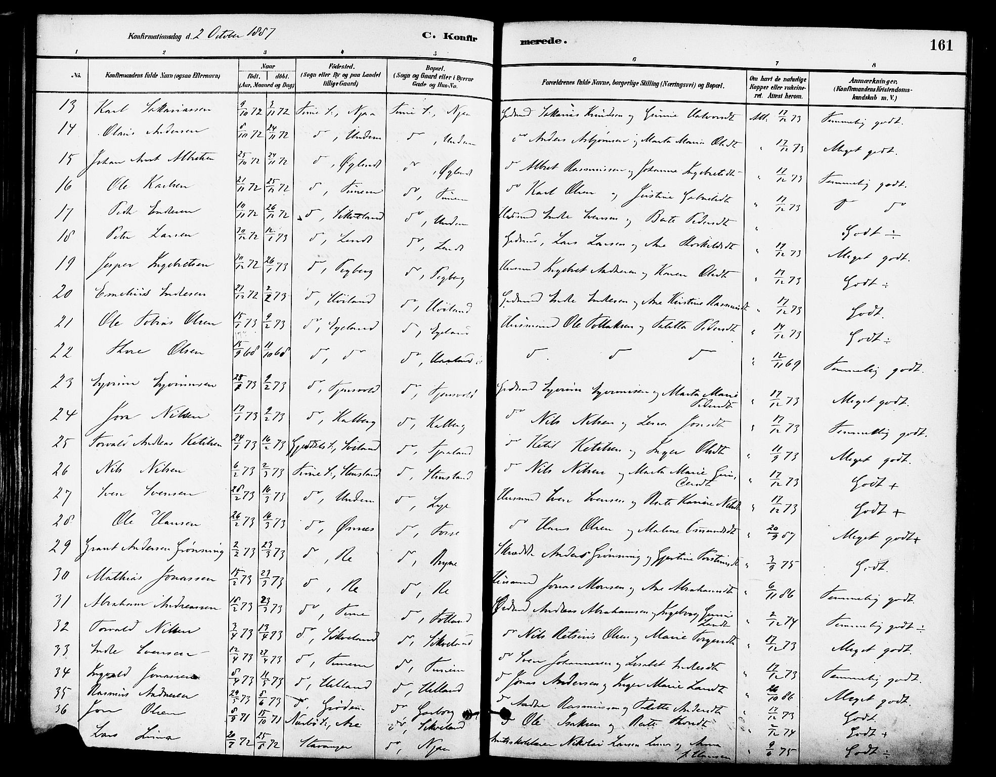 Lye sokneprestkontor, SAST/A-101794/001/30BA/L0009: Parish register (official) no. A 8, 1881-1892, p. 161
