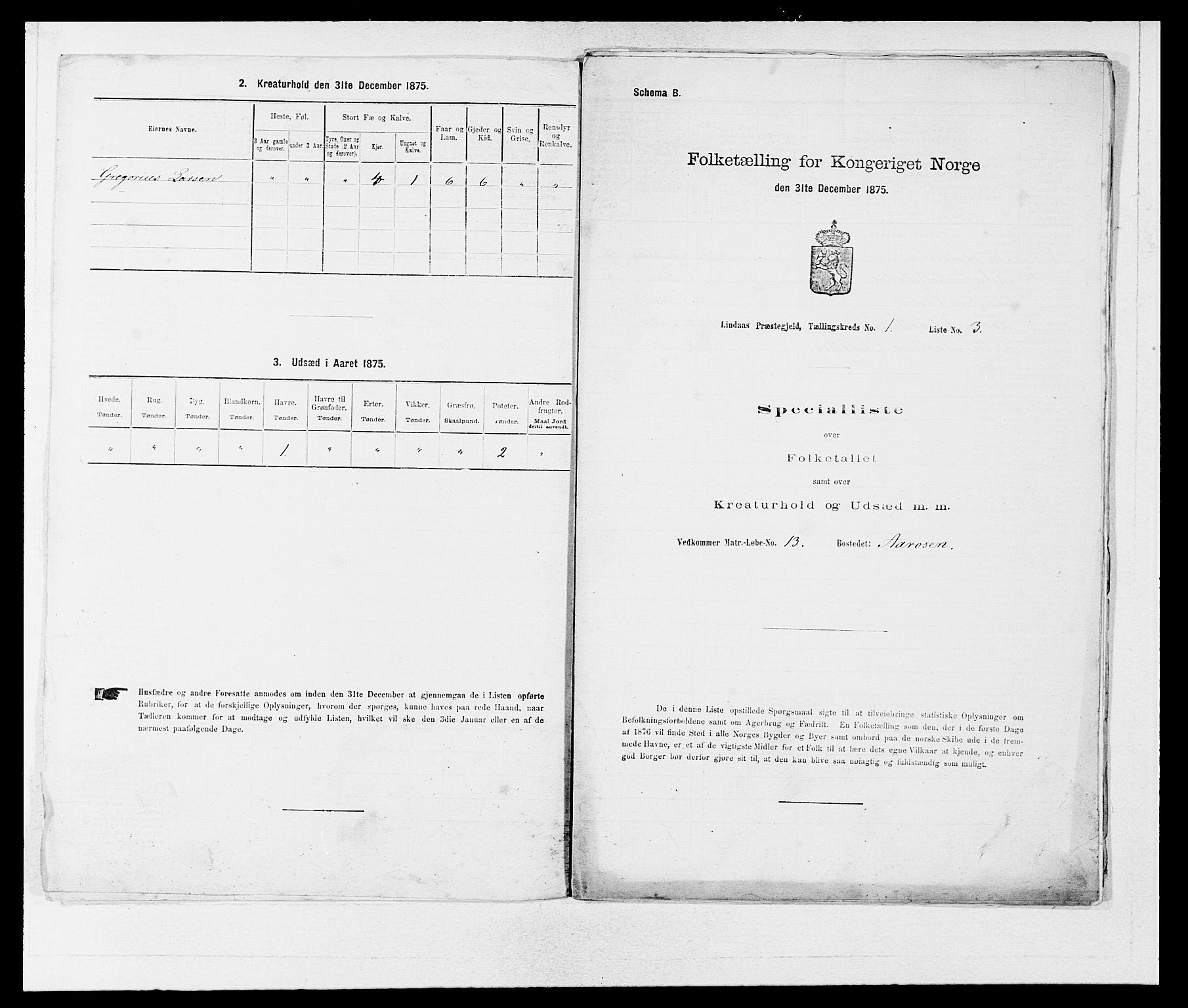 SAB, 1875 census for 1263P Lindås, 1875, p. 58