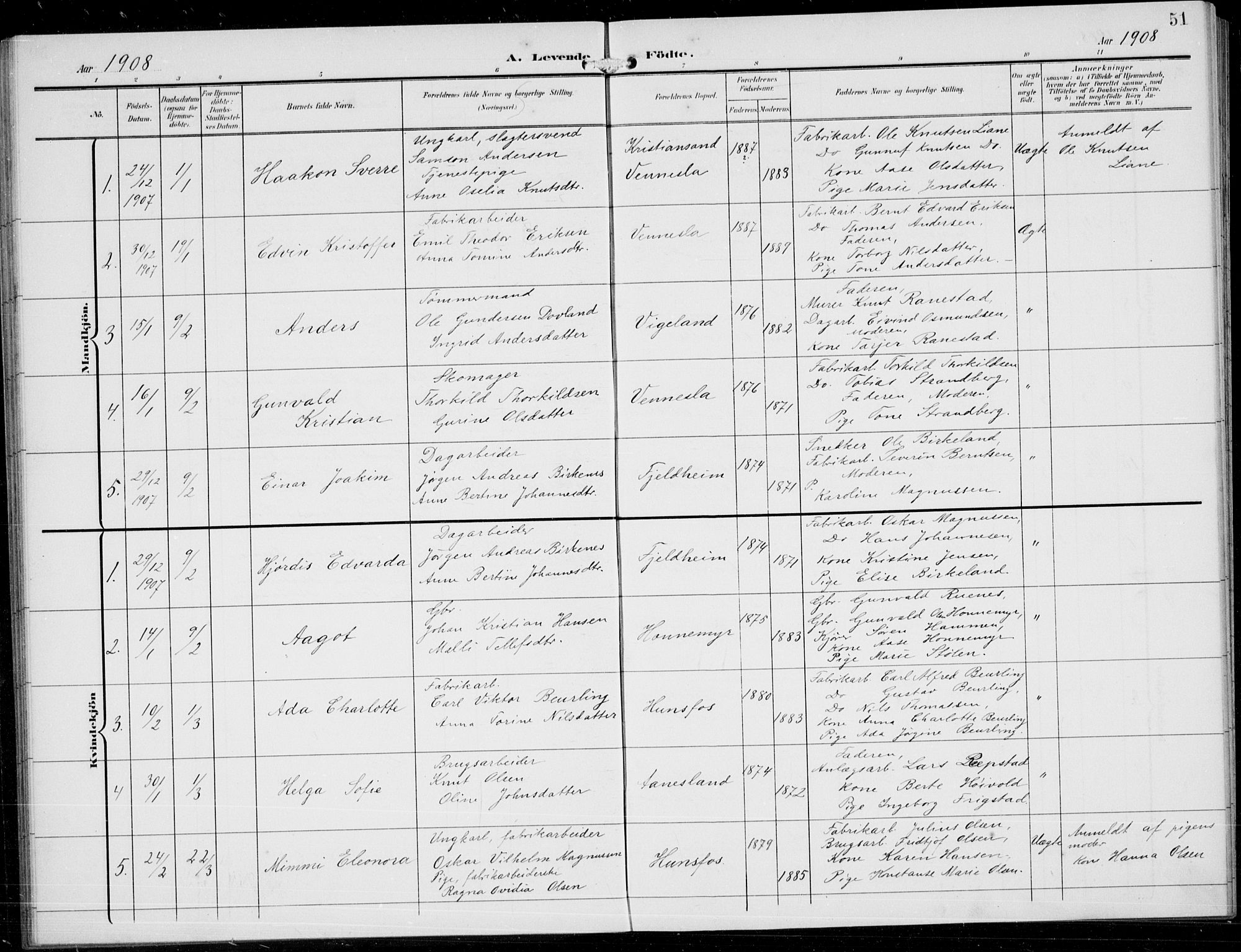 Vennesla sokneprestkontor, SAK/1111-0045/Fb/Fbb/L0005: Parish register (copy) no. B 5, 1903-1913, p. 51