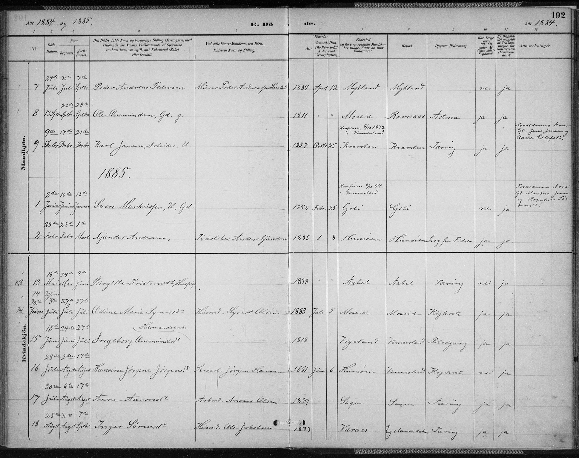 Vennesla sokneprestkontor, AV/SAK-1111-0045/Fa/Fab/L0004: Parish register (official) no. A 4, 1884-1896, p. 192