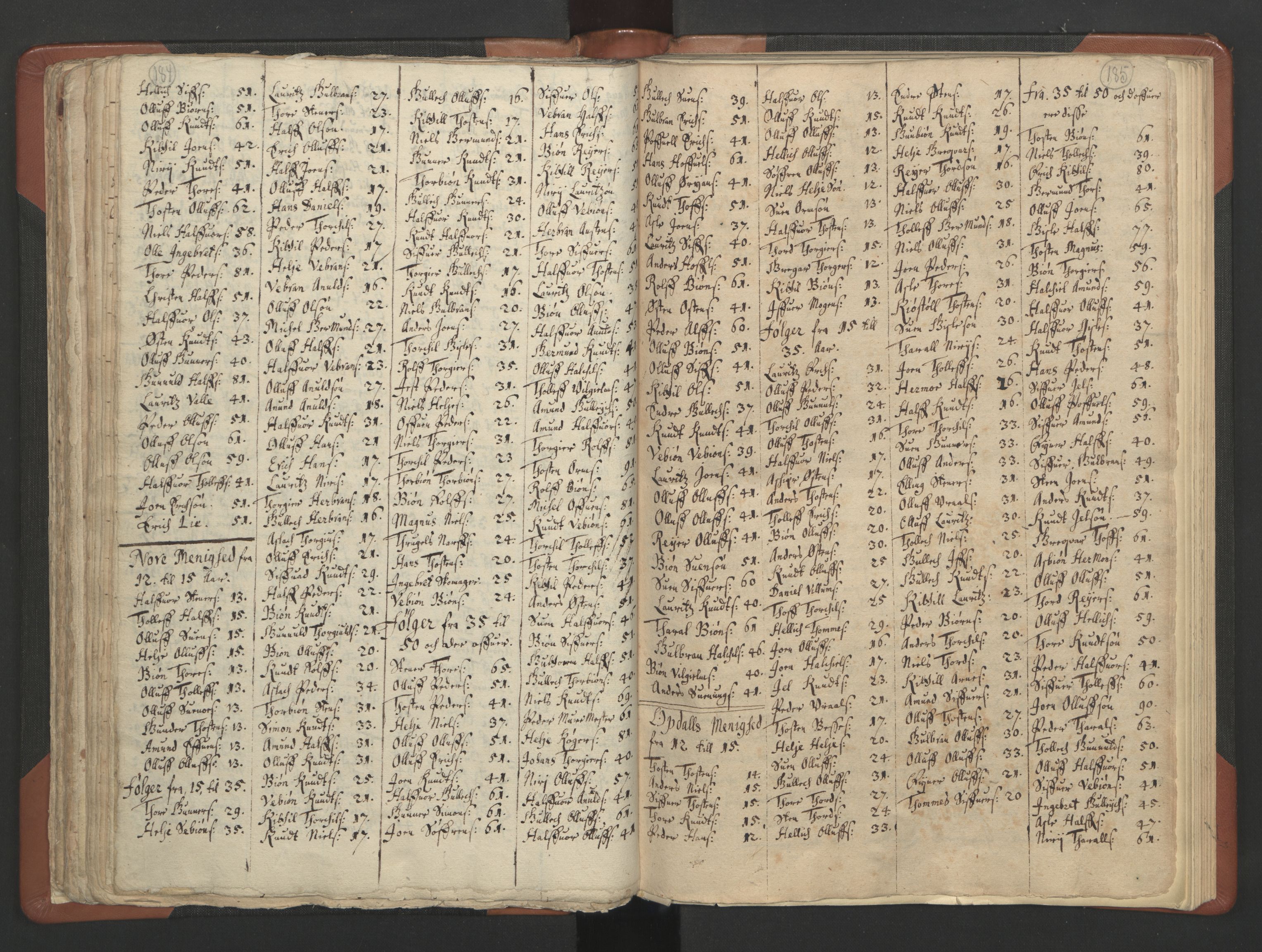RA, Vicar's Census 1664-1666, no. 11: Brunlanes deanery, 1664-1666, p. 184-185