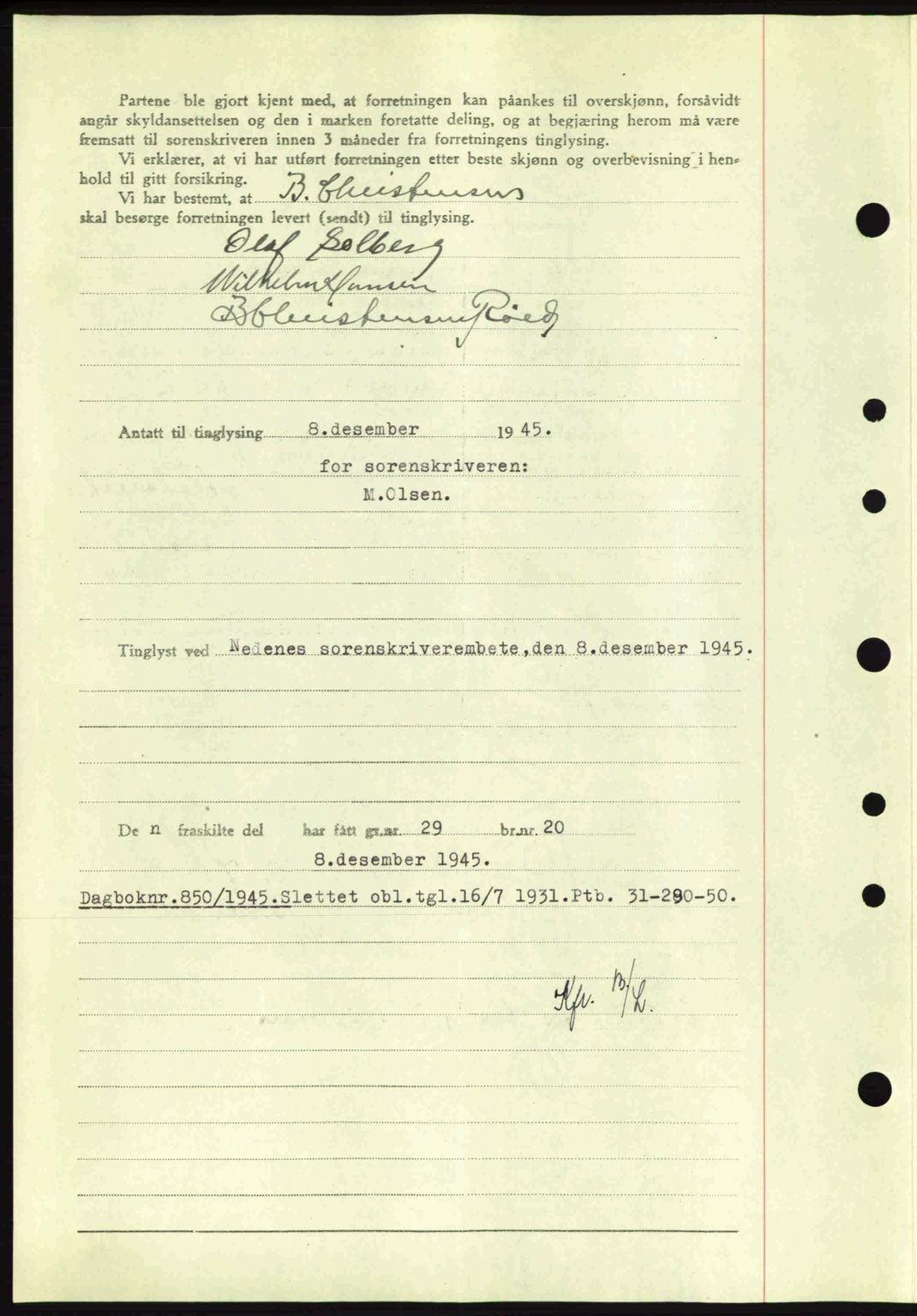 Nedenes sorenskriveri, AV/SAK-1221-0006/G/Gb/Gba/L0053: Mortgage book no. A6b, 1945-1945, Diary no: : 850/1945