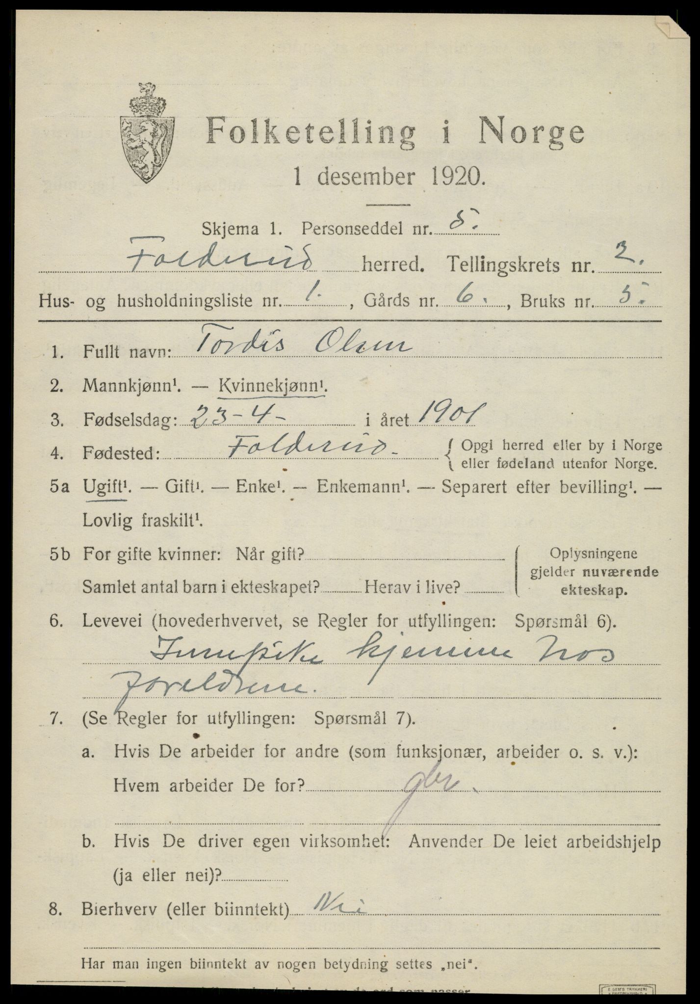 SAT, 1920 census for Foldereid, 1920, p. 696